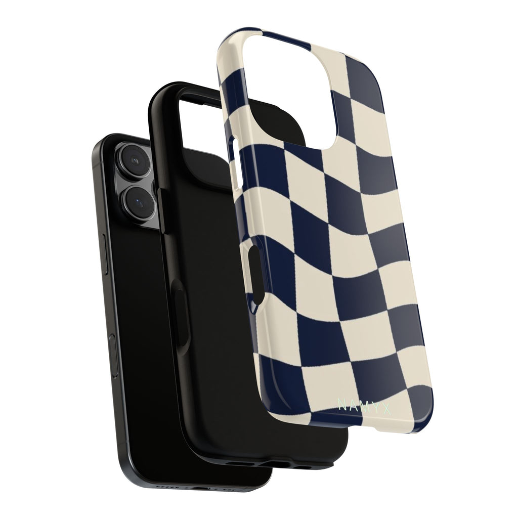 Wavy Checkered Phone Case – Retro Navy Racing Pattern Tough Case