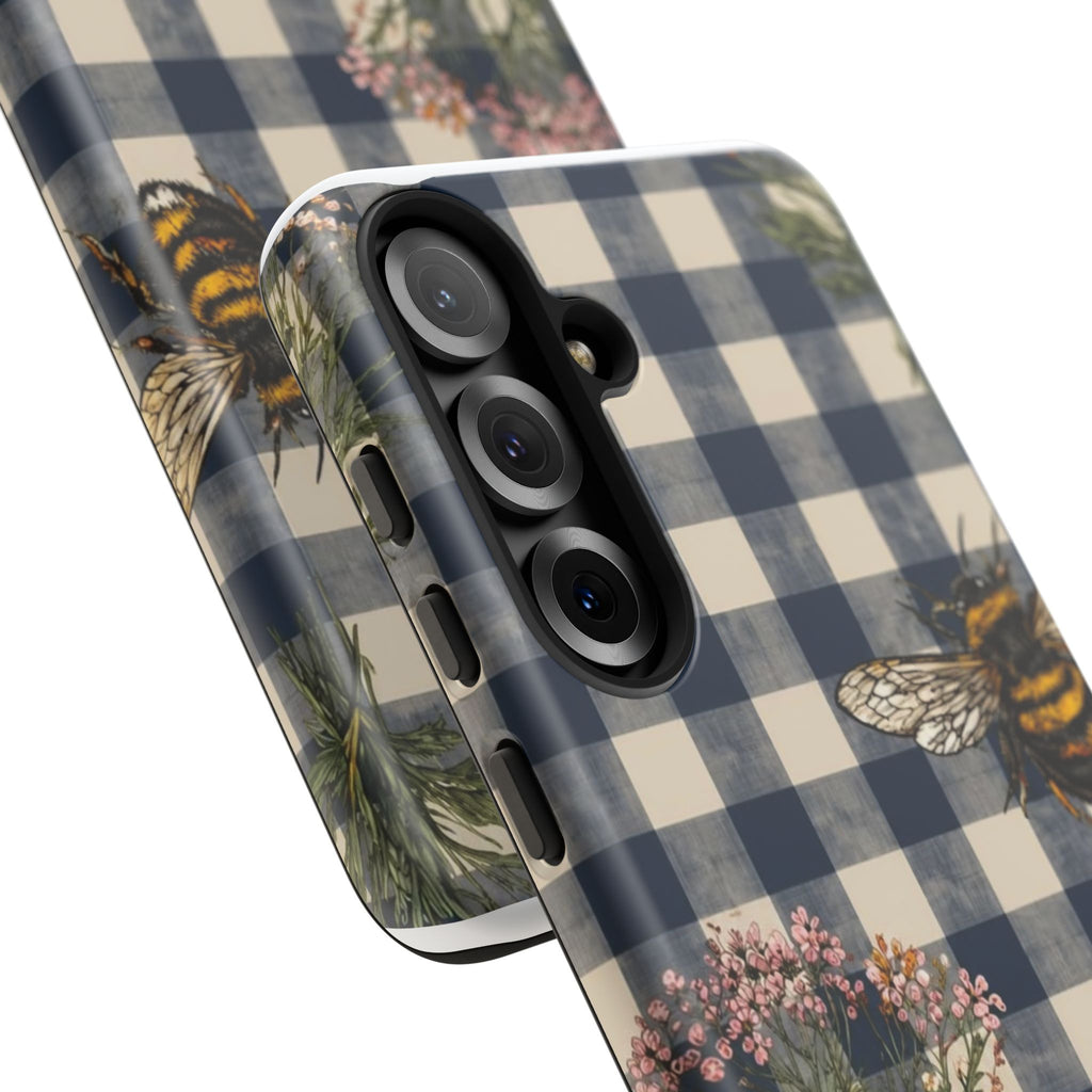 Bee & Wildflower Plaid Phone Case — Navy Buffalo Check Floral iPhone Cover
