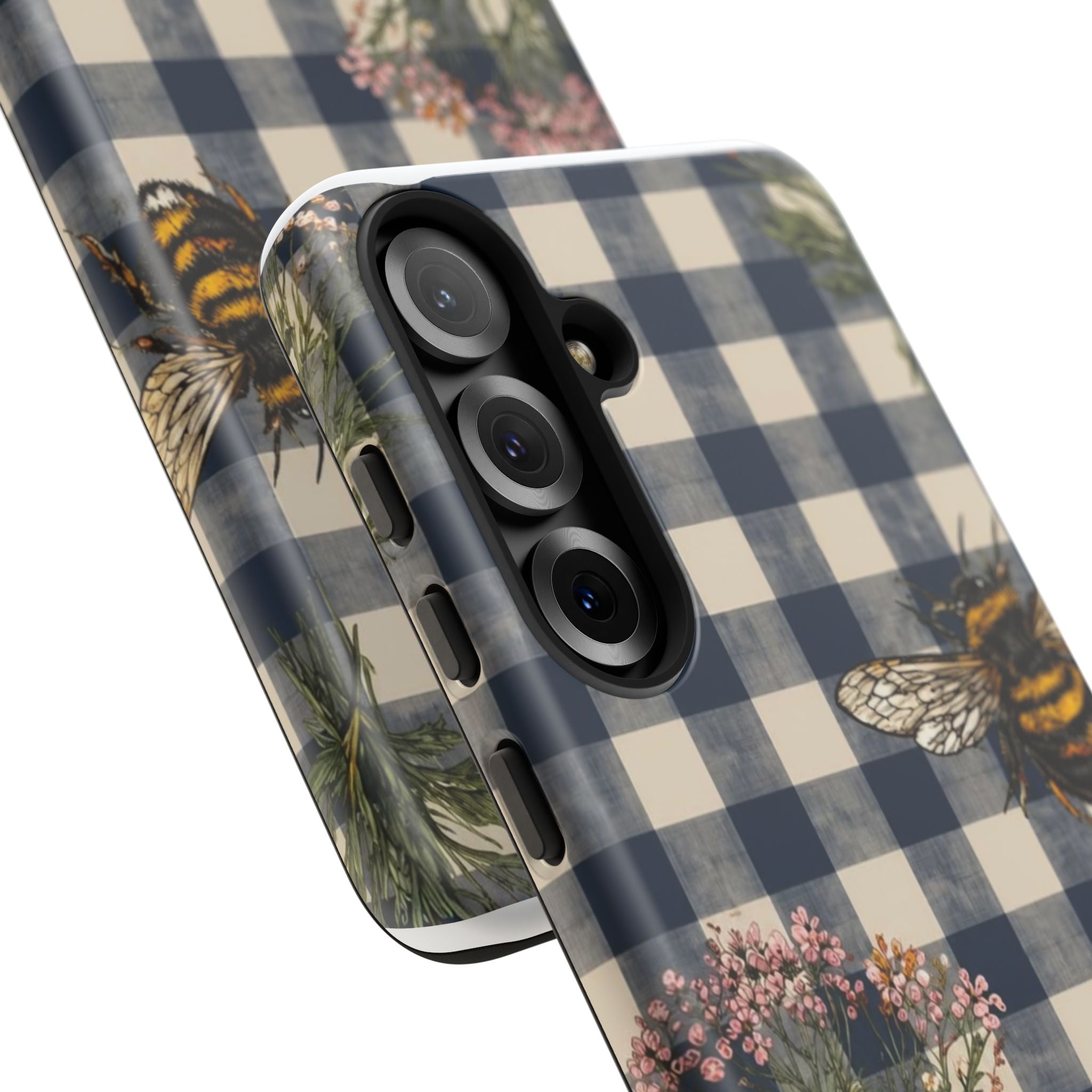 Bee & Wildflower Plaid Phone Case — Navy Buffalo Check Floral iPhone Cover