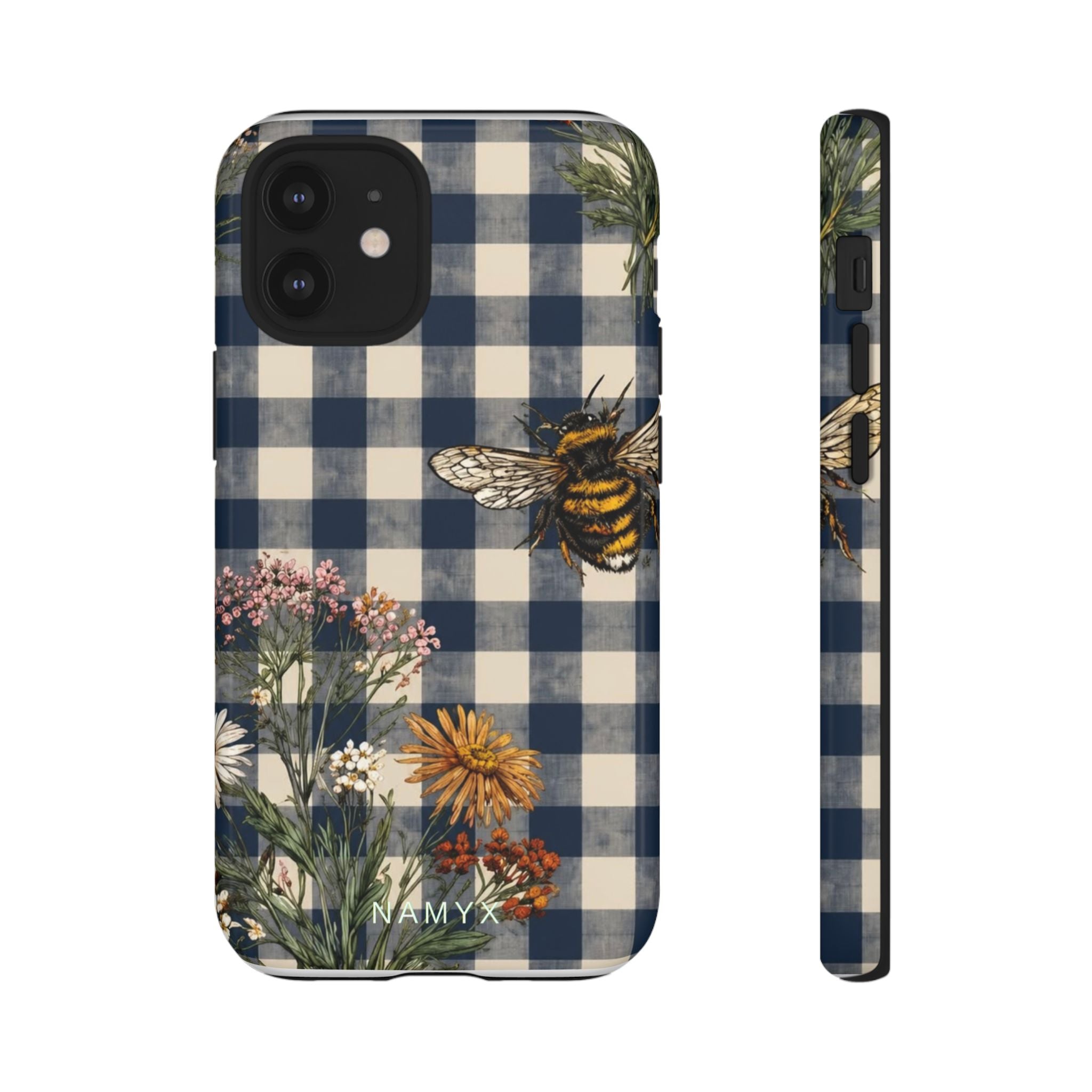 Bee & Wildflower Plaid Phone Case — Navy Buffalo Check Floral iPhone Cover