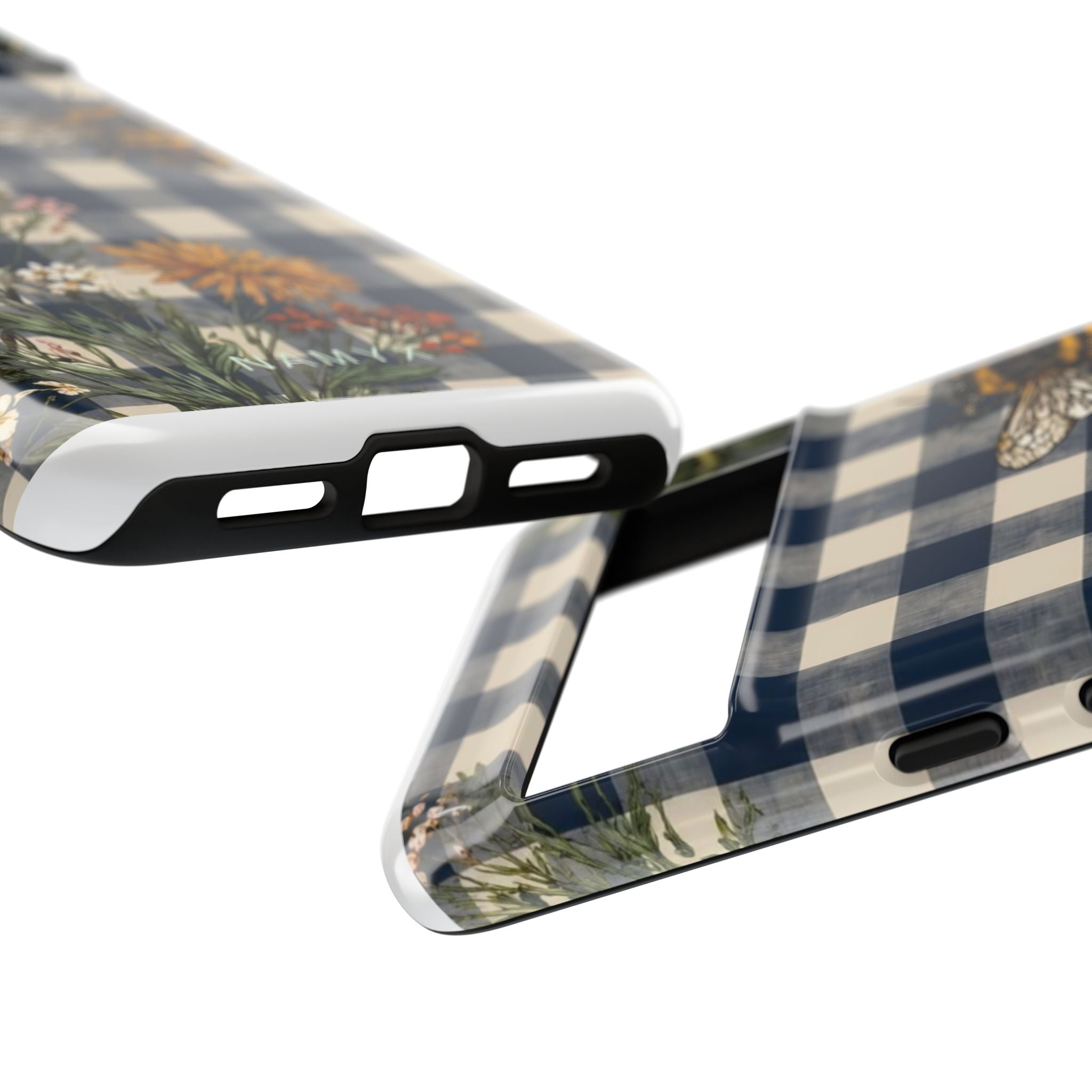 Bee & Wildflower Plaid Phone Case — Navy Buffalo Check Floral iPhone Cover