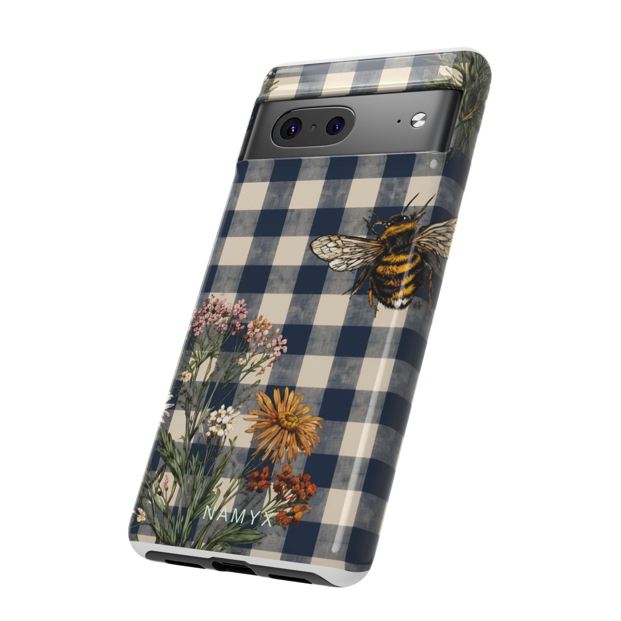 Bee & Wildflower Plaid Phone Case — Navy Buffalo Check Floral iPhone Cover