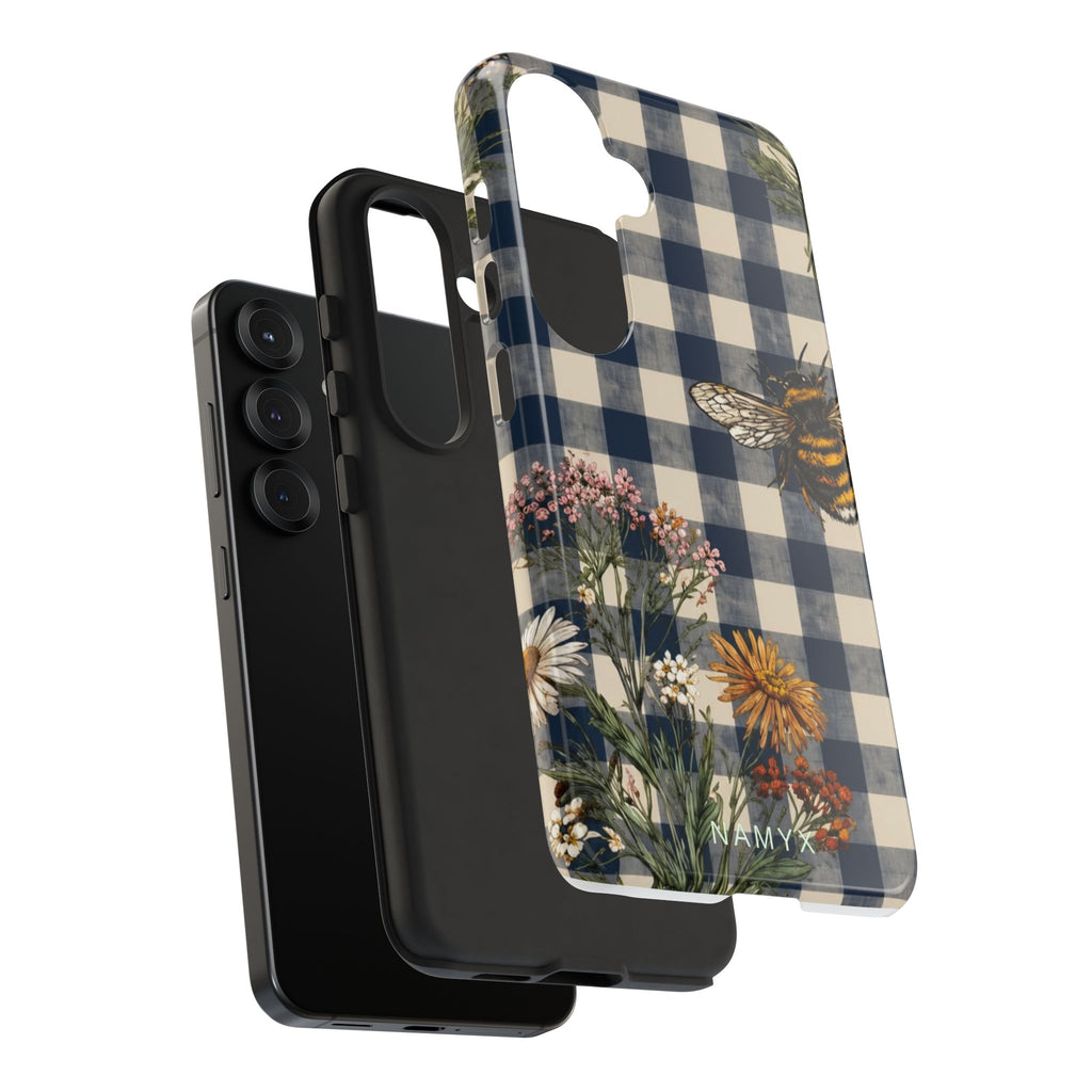 Bee & Wildflower Plaid Phone Case — Navy Buffalo Check Floral iPhone Cover