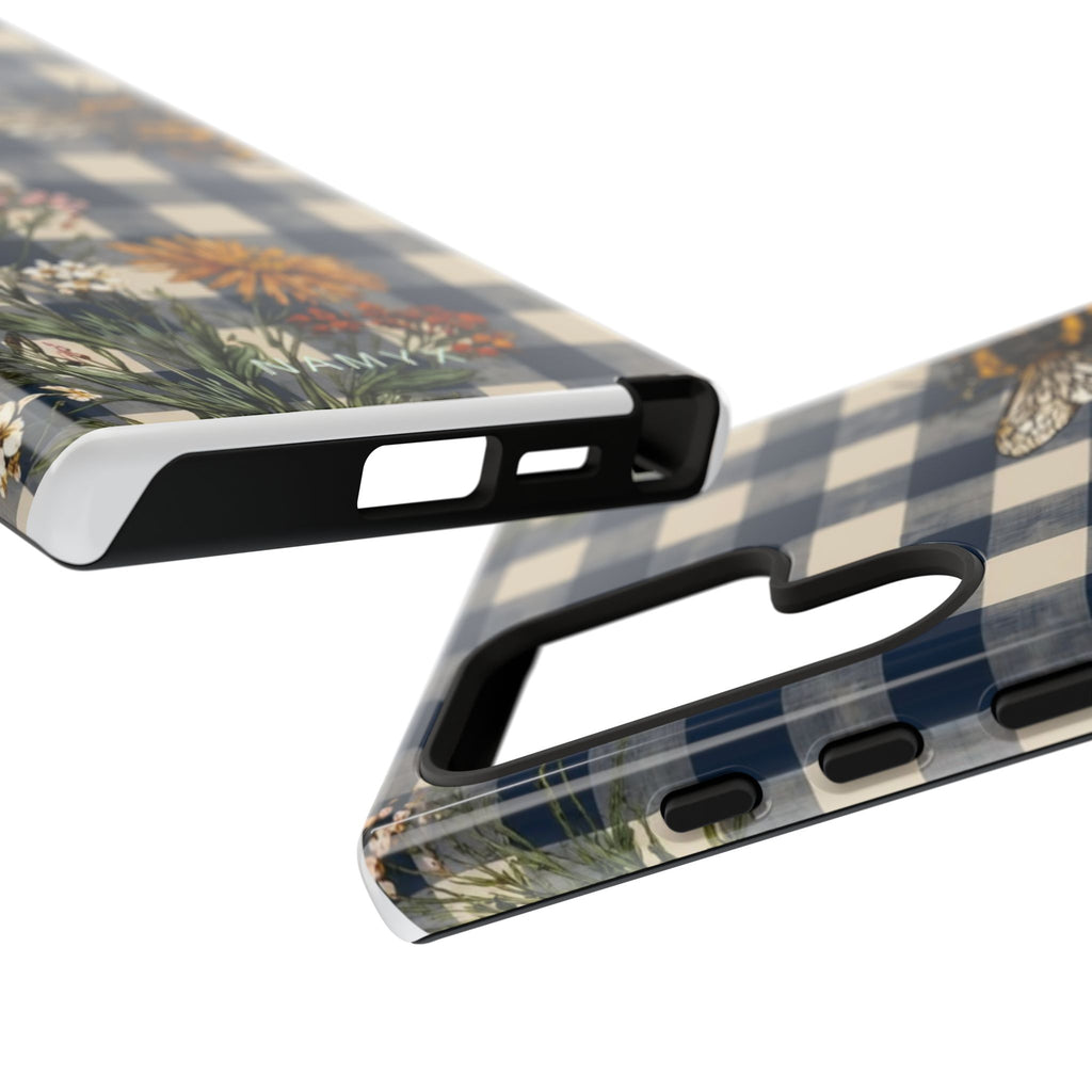 Bee & Wildflower Plaid Phone Case — Navy Buffalo Check Floral iPhone Cover