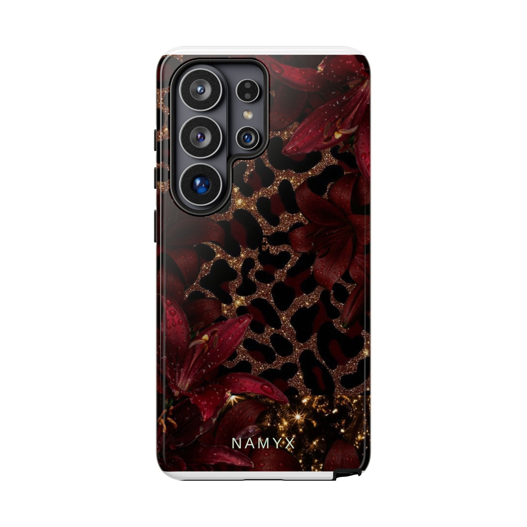 Protective Phone Case — Burgundy Floral & Gold Leopard Print Tough Case