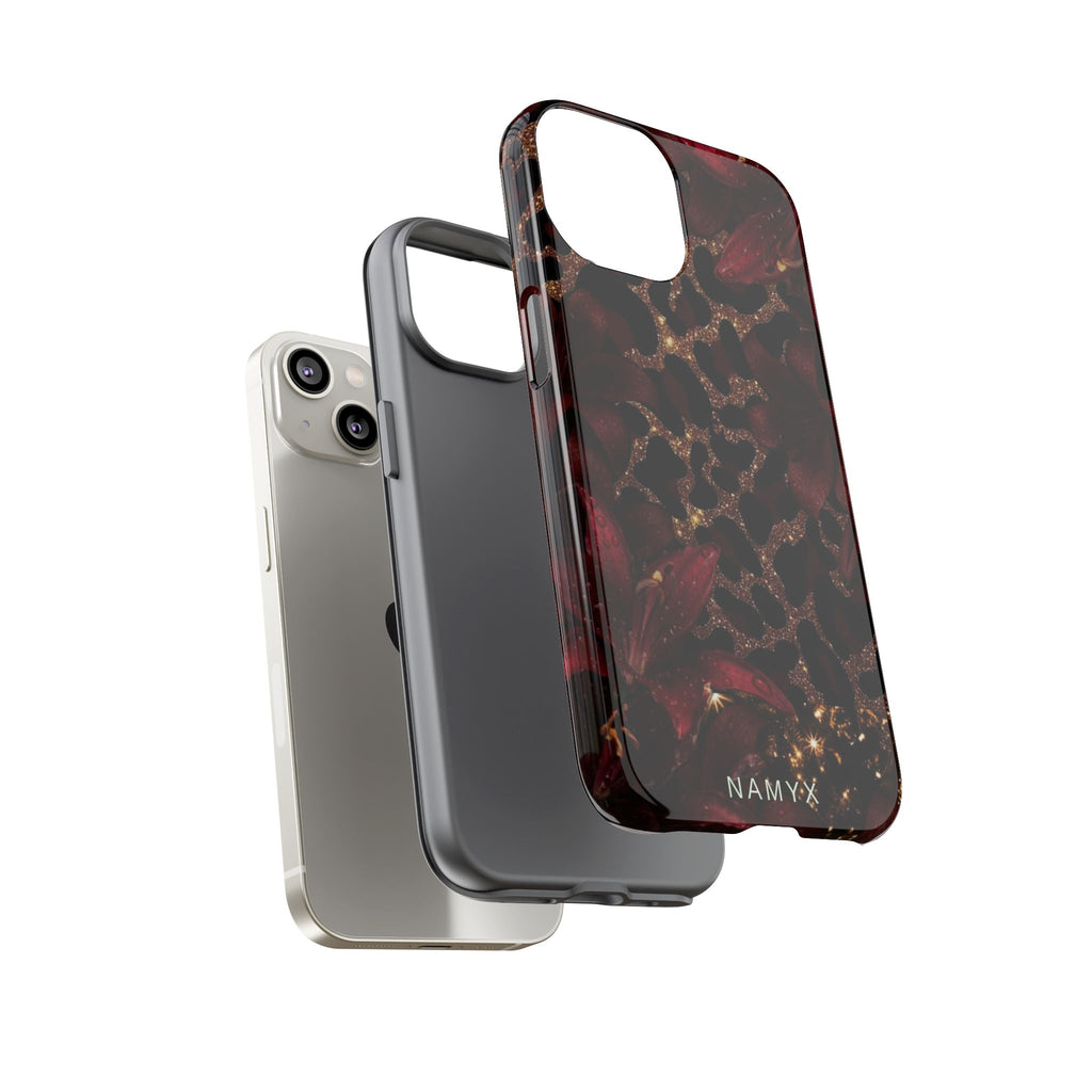Protective Phone Case — Burgundy Floral & Gold Leopard Print Tough Case