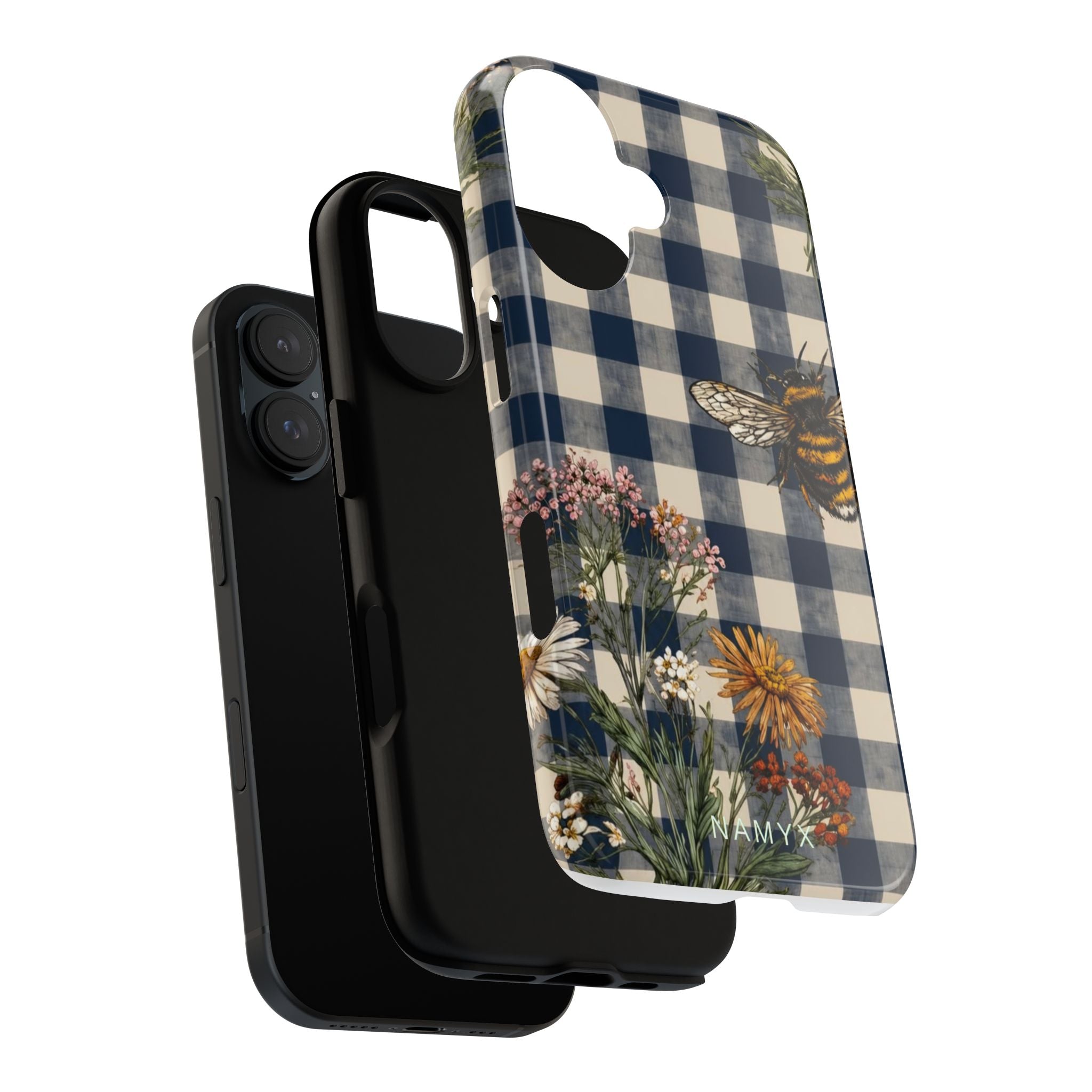 Bee & Wildflower Plaid Phone Case — Navy Buffalo Check Floral iPhone Cover