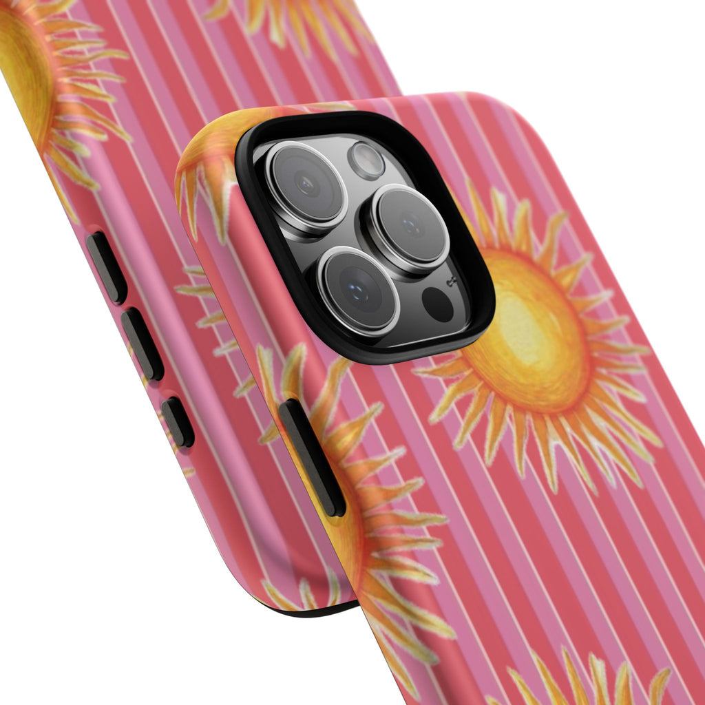 Sunburst Stripe Tough Phone Case — Bright Yellow Sun Pattern on Pink