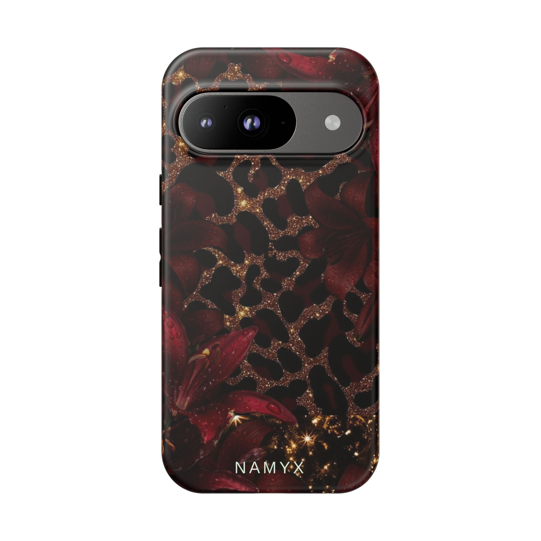 Protective Phone Case — Burgundy Floral & Gold Leopard Print Tough Case