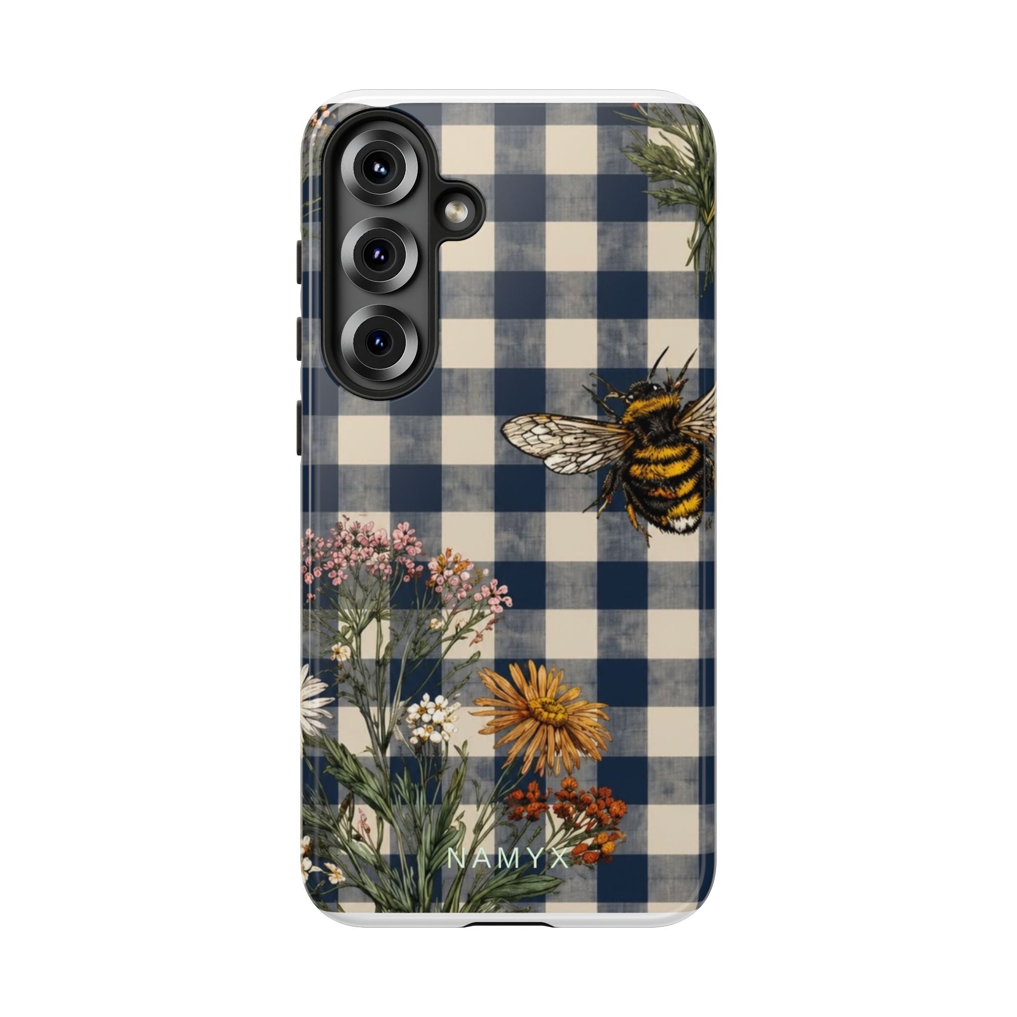 Bee & Wildflower Plaid Phone Case — Navy Buffalo Check Floral iPhone Cover