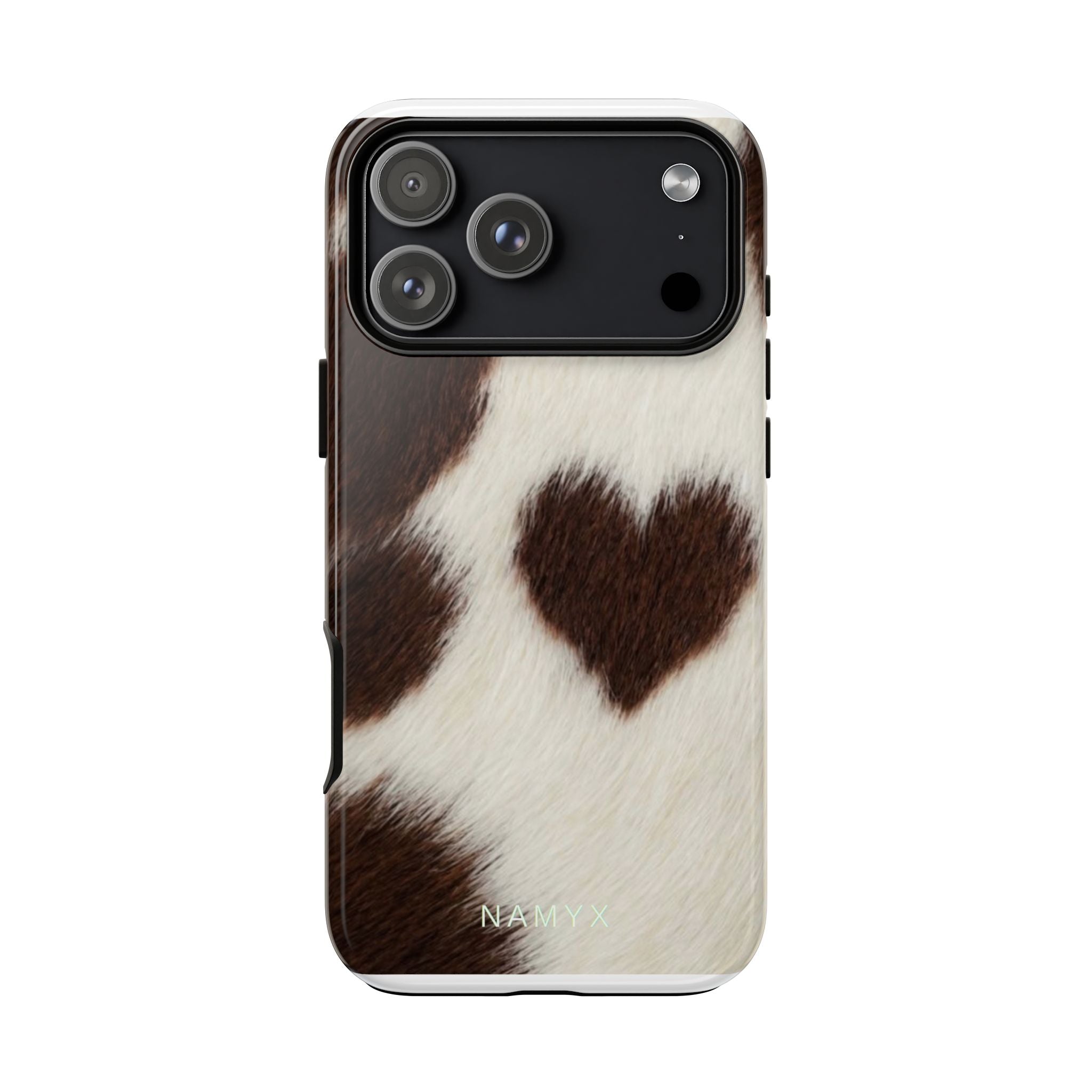 Cowhide Heart Phone Case — Cute Cow Print Protective iPhone Cover