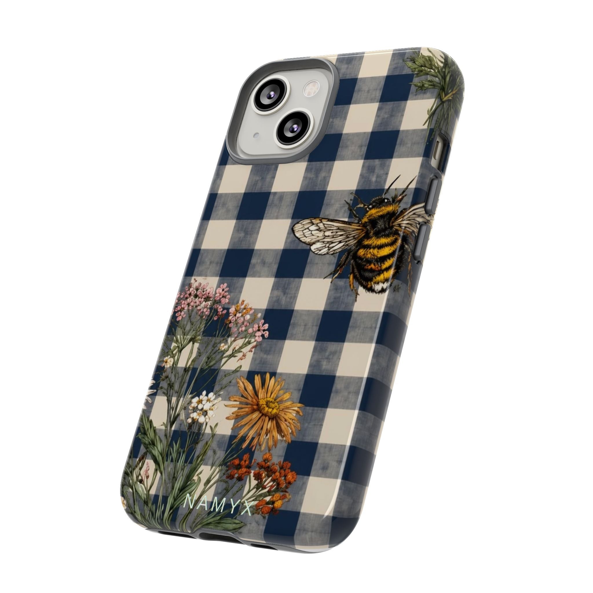 Bee & Wildflower Plaid Phone Case — Navy Buffalo Check Floral iPhone Cover