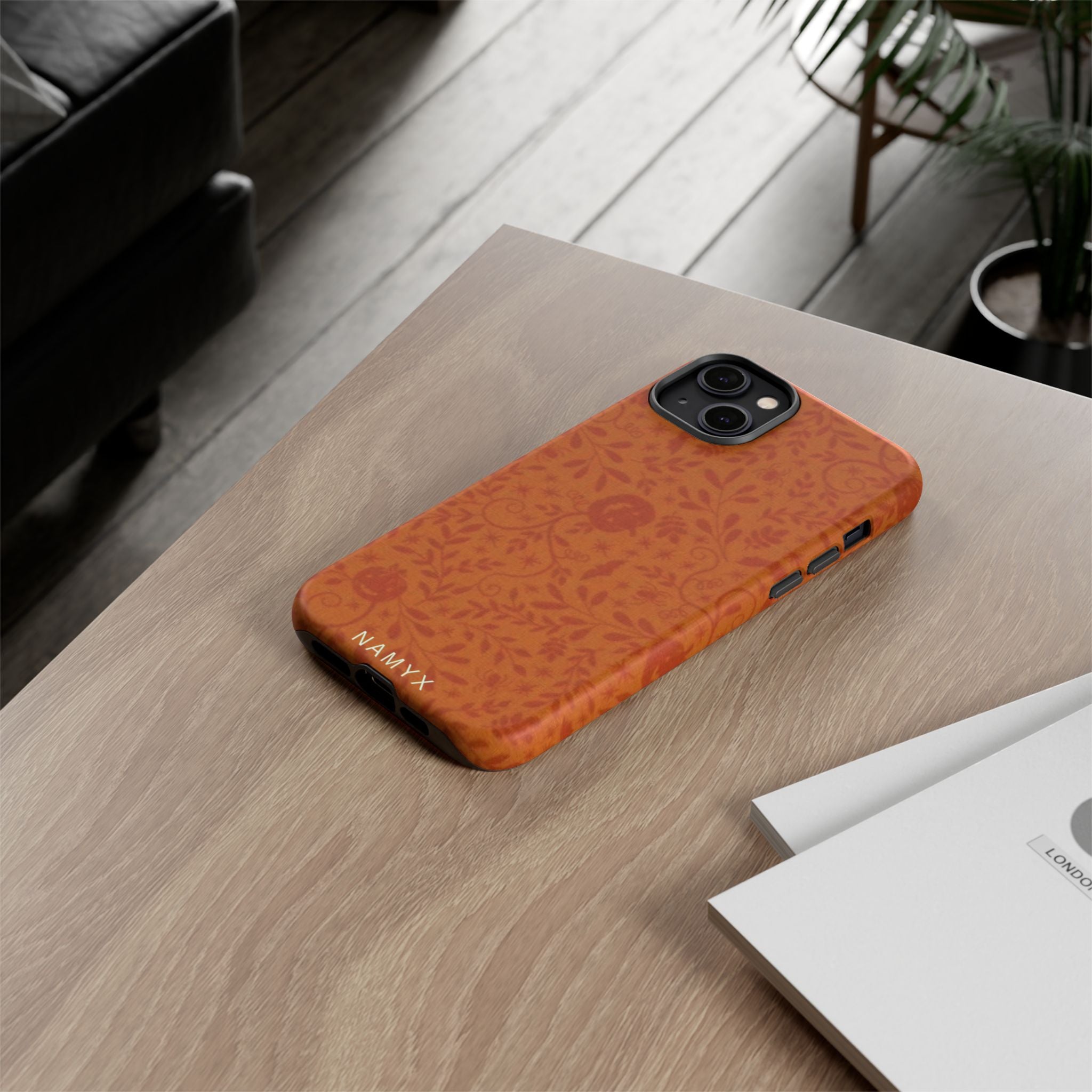 Floral Leather Phone Case — Rustic Orange Botanical Tough Case