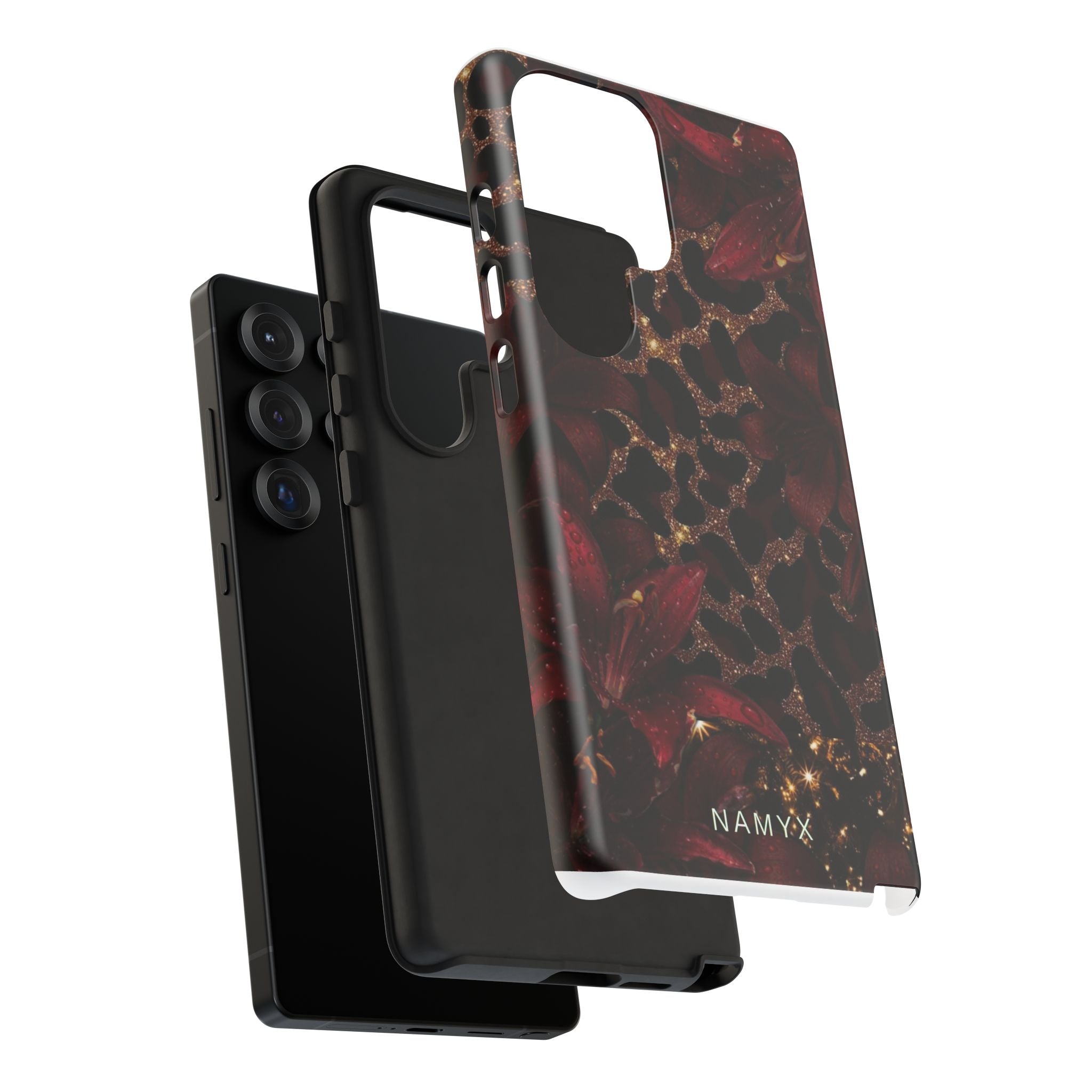 Protective Phone Case — Burgundy Floral & Gold Leopard Print Tough Case