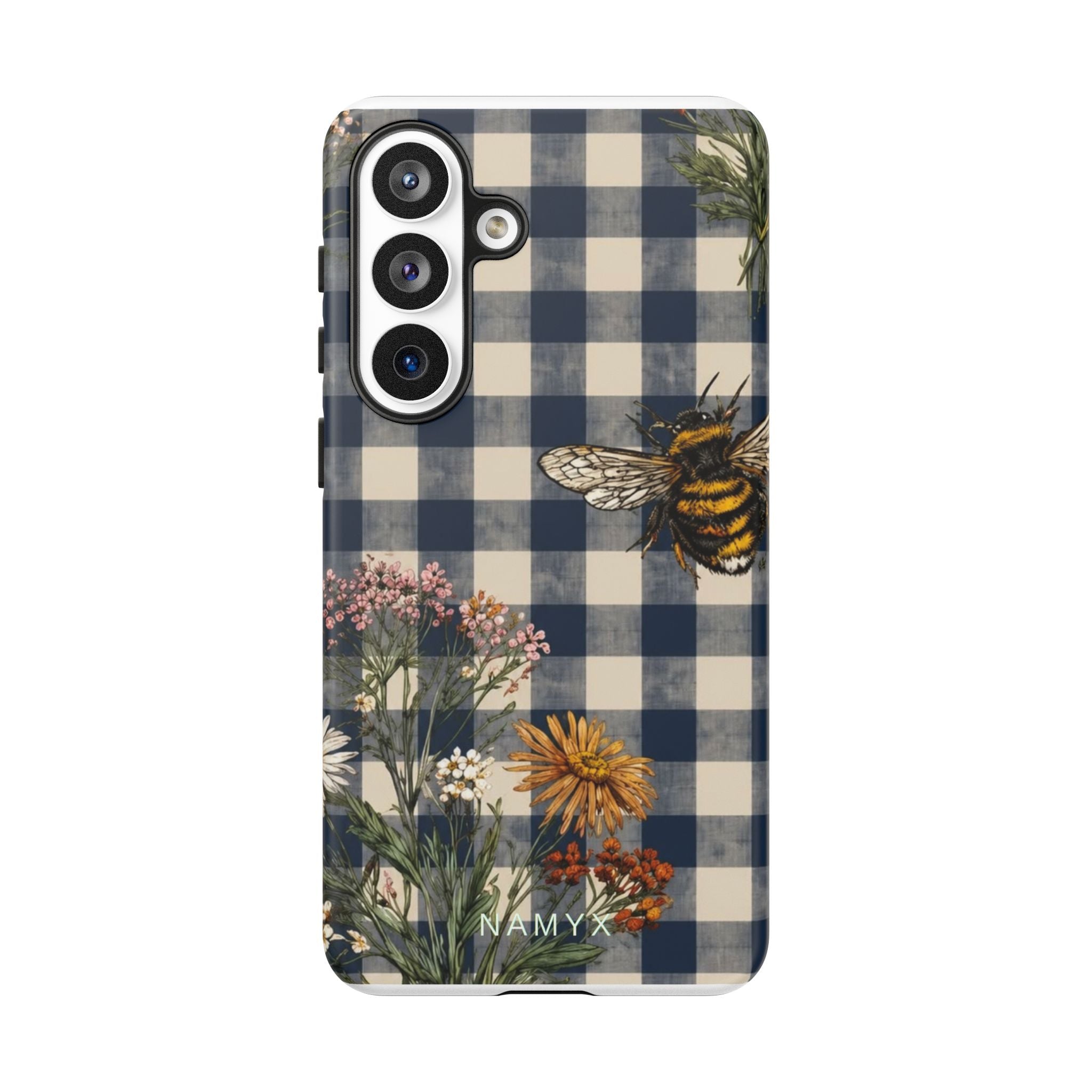 Bee & Wildflower Plaid Phone Case — Navy Buffalo Check Floral iPhone Cover