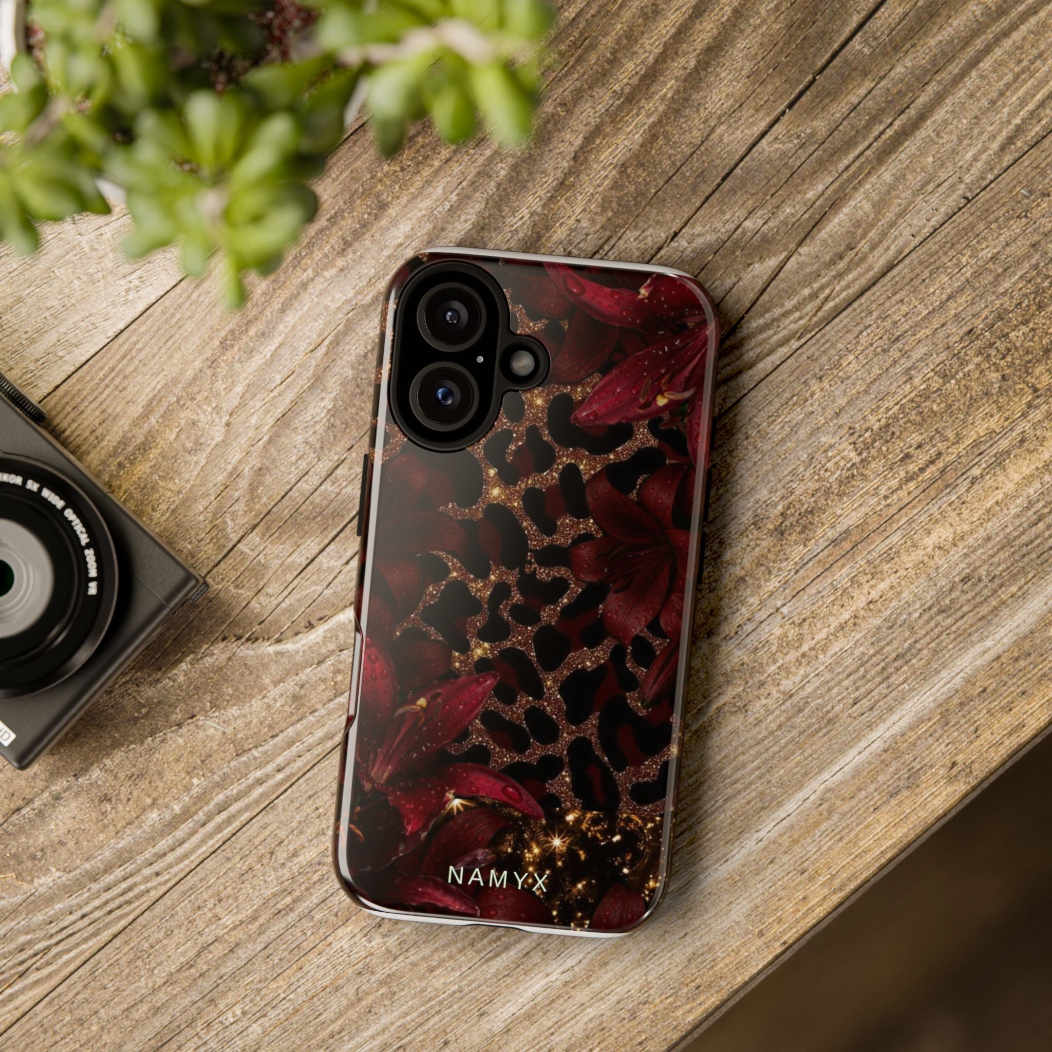 Protective Phone Case — Burgundy Floral & Gold Leopard Print Tough Case