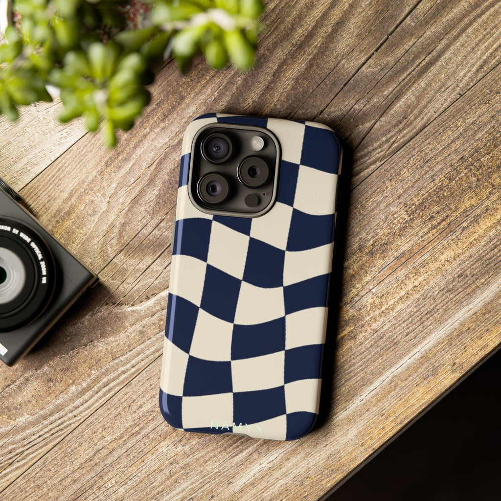 Wavy Checkered Phone Case – Retro Navy Racing Pattern Tough Case