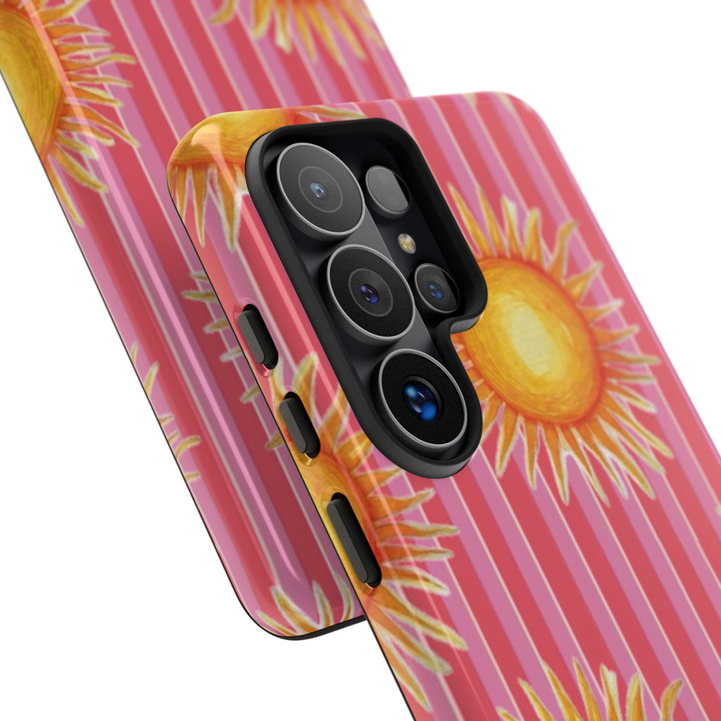 Sunburst Stripe Tough Phone Case — Bright Yellow Sun Pattern on Pink