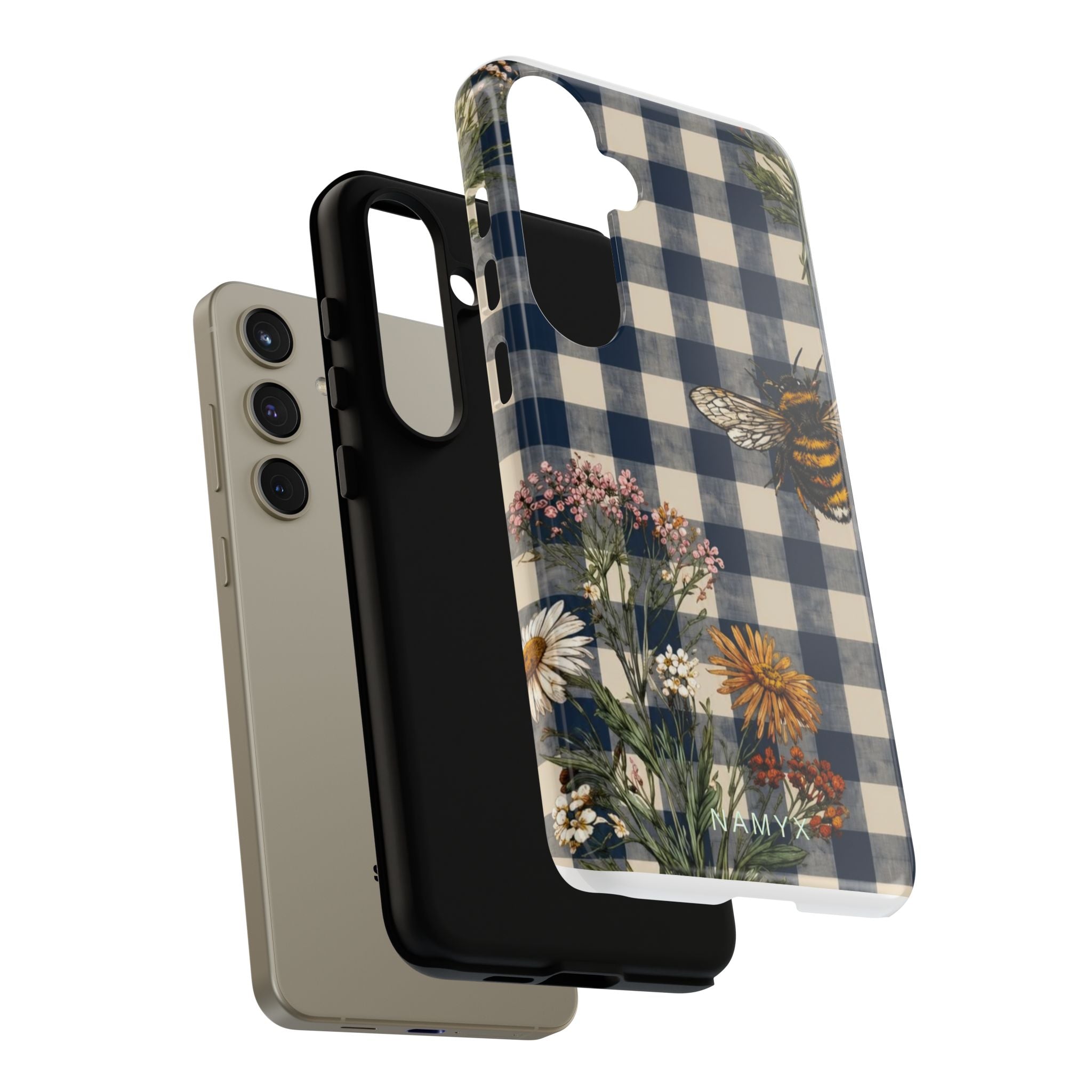 Bee & Wildflower Plaid Phone Case — Navy Buffalo Check Floral iPhone Cover