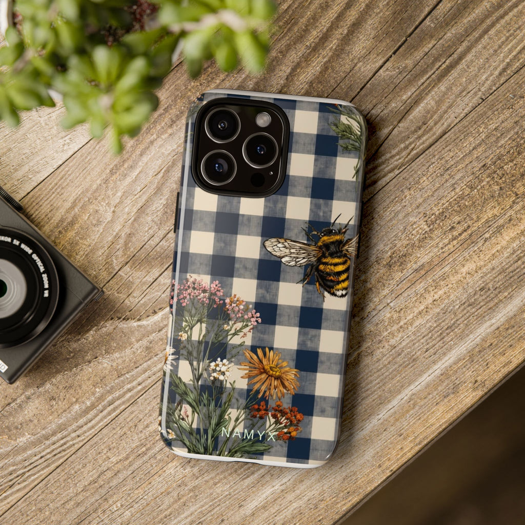 Bee & Wildflower Plaid Phone Case — Navy Buffalo Check Floral iPhone Cover