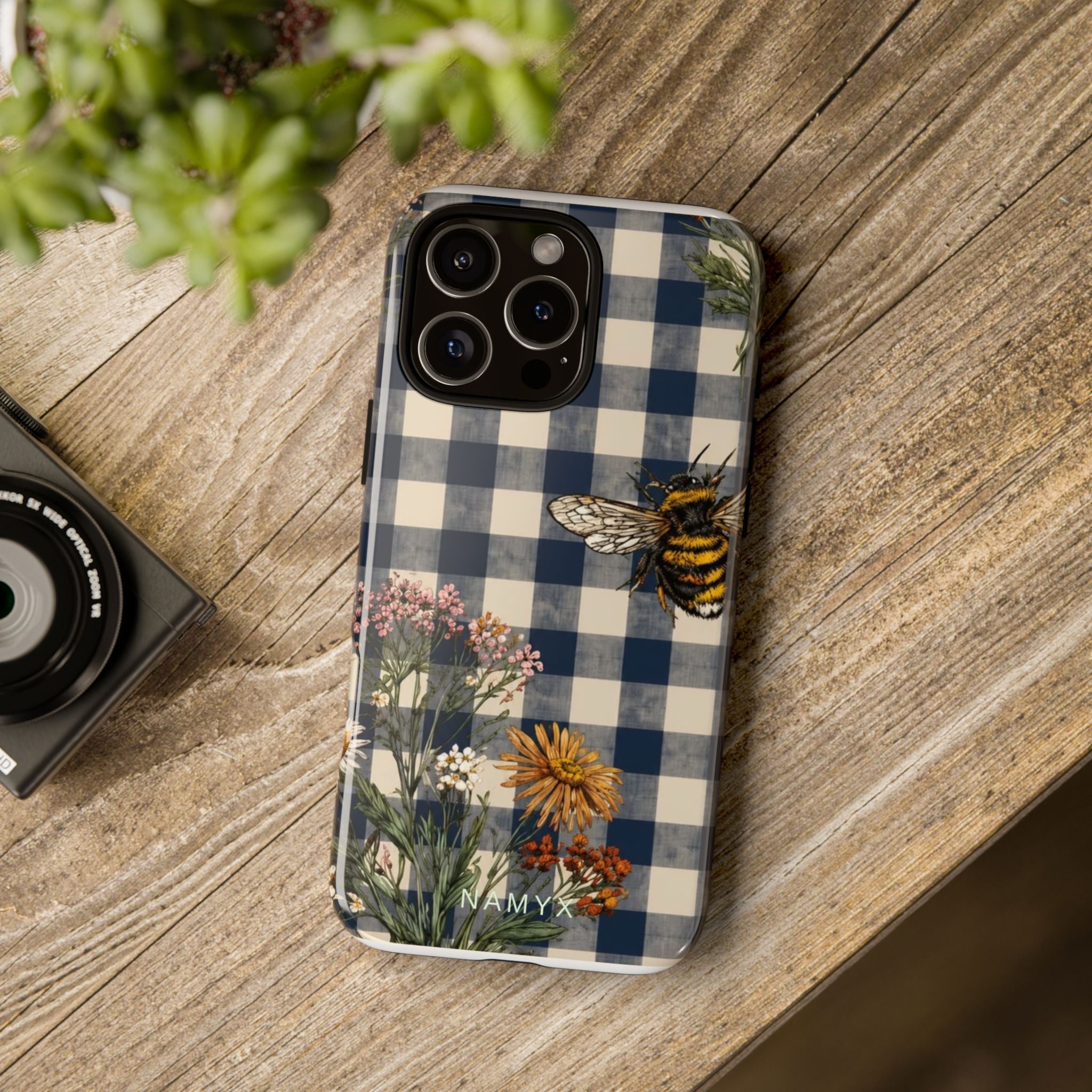 Bee & Wildflower Plaid Phone Case — Navy Buffalo Check Floral iPhone Cover