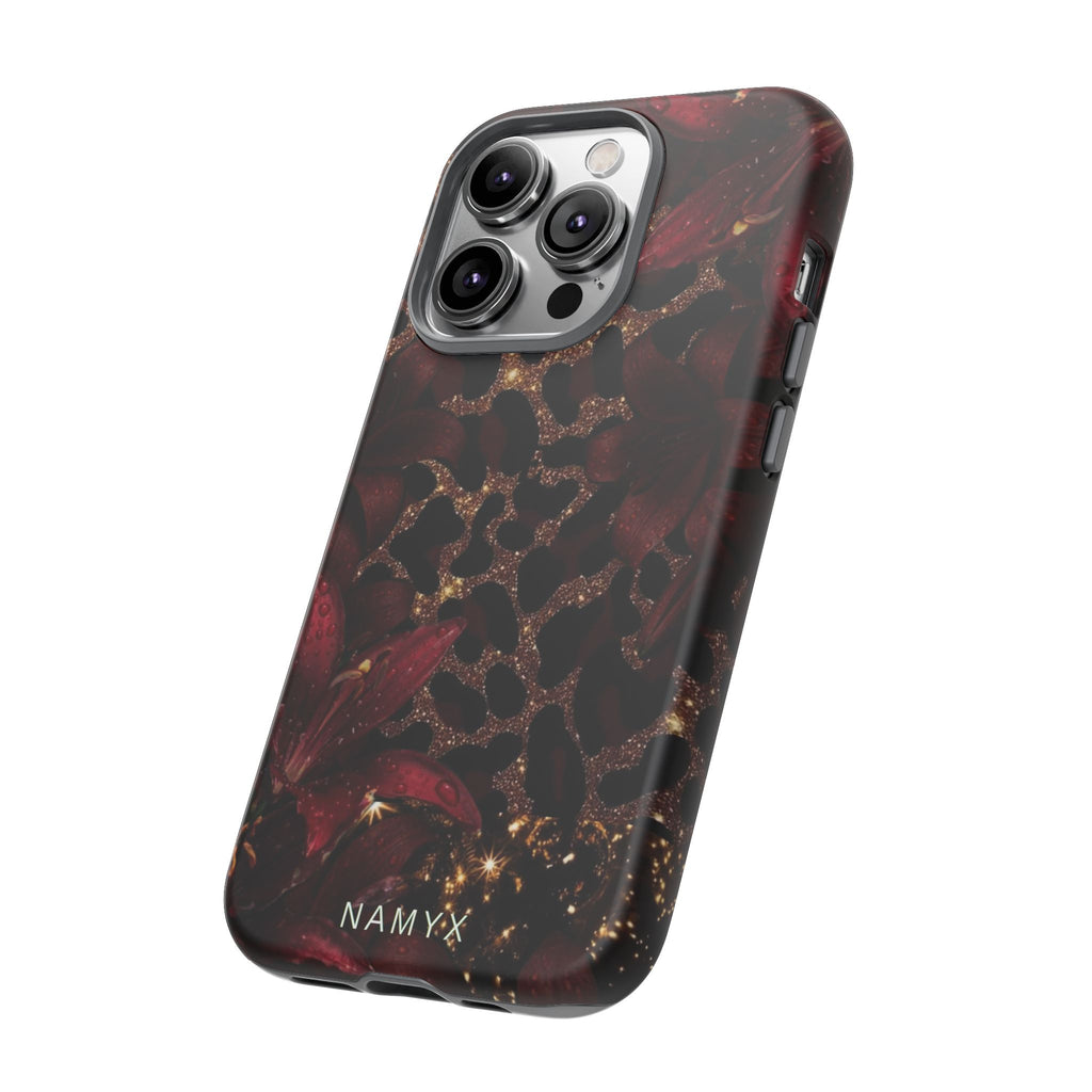 Protective Phone Case — Burgundy Floral & Gold Leopard Print Tough Case