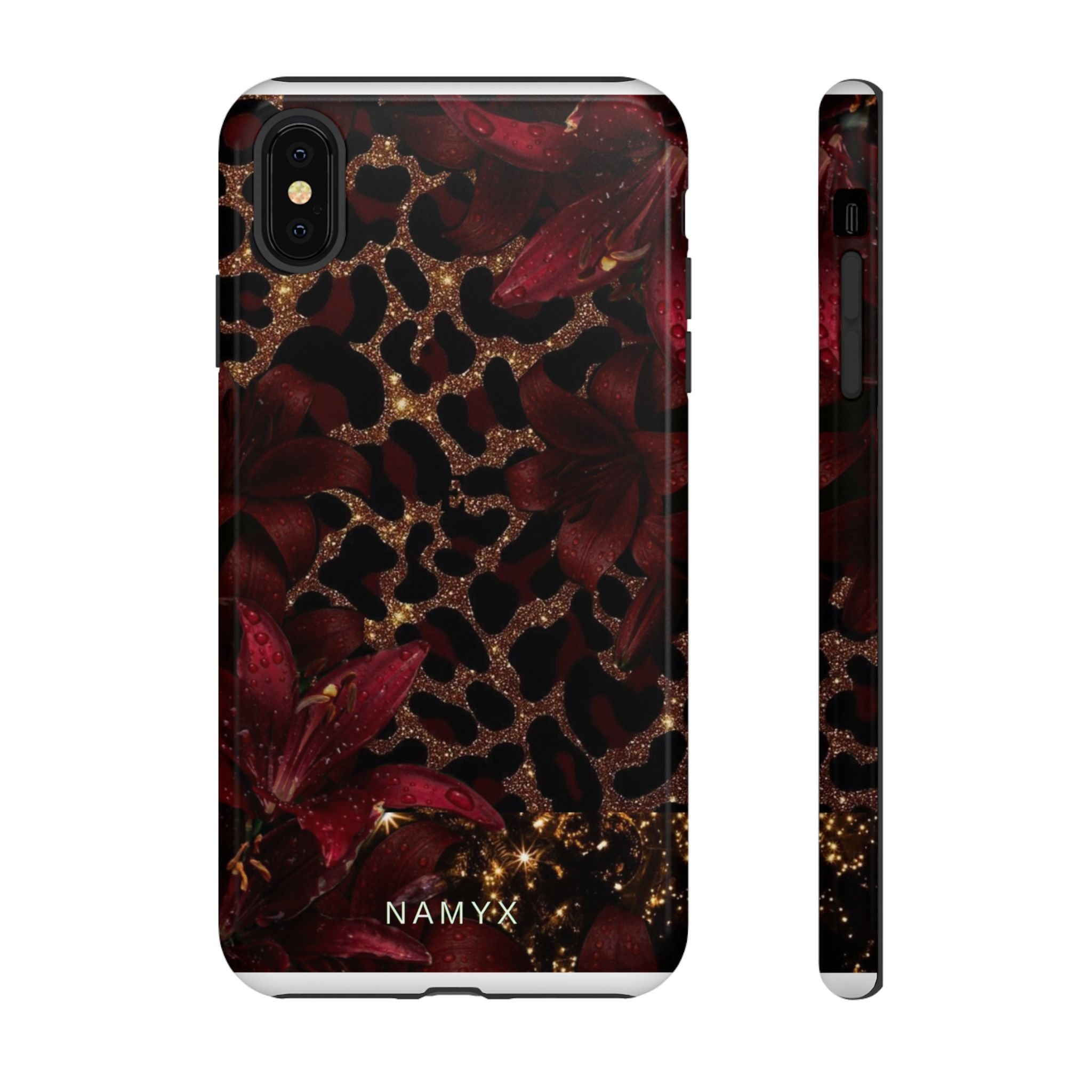 Protective Phone Case — Burgundy Floral & Gold Leopard Print Tough Case