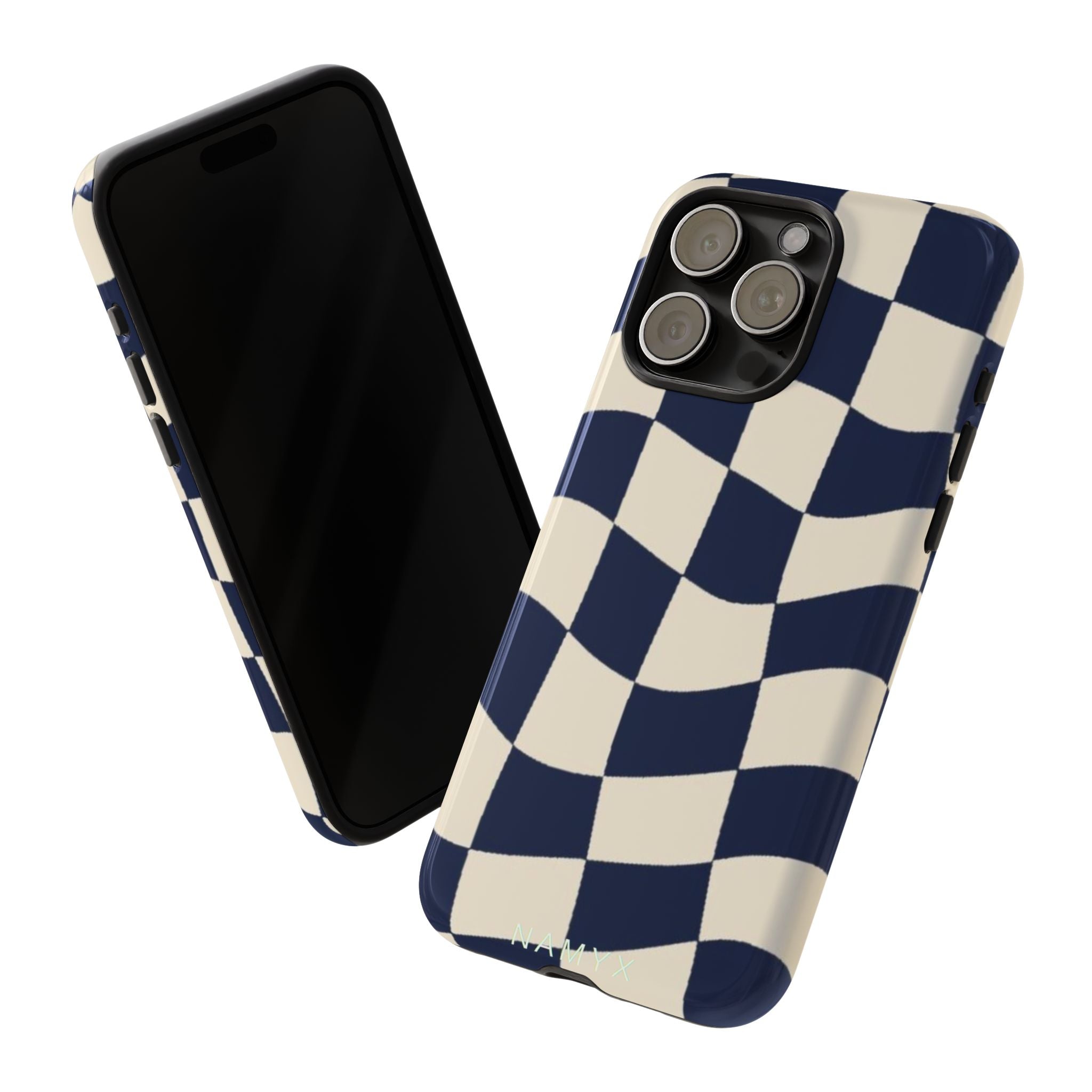 Wavy Checkered Phone Case – Retro Navy Racing Pattern Tough Case