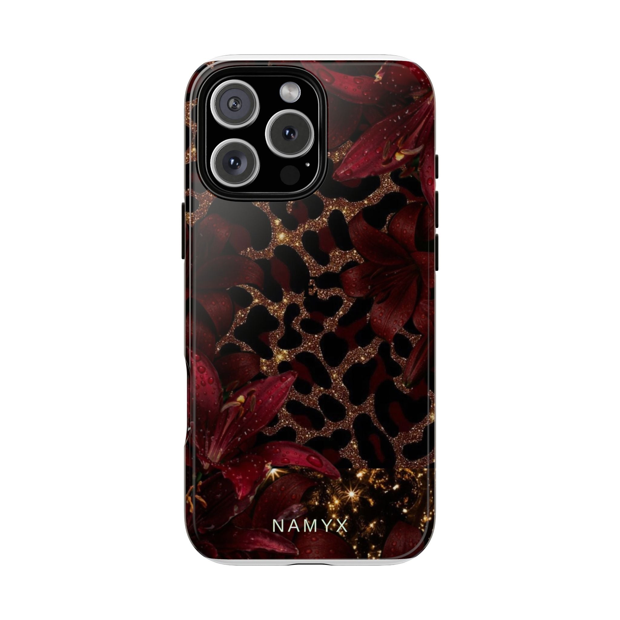Protective Phone Case — Burgundy Floral & Gold Leopard Print Tough Case