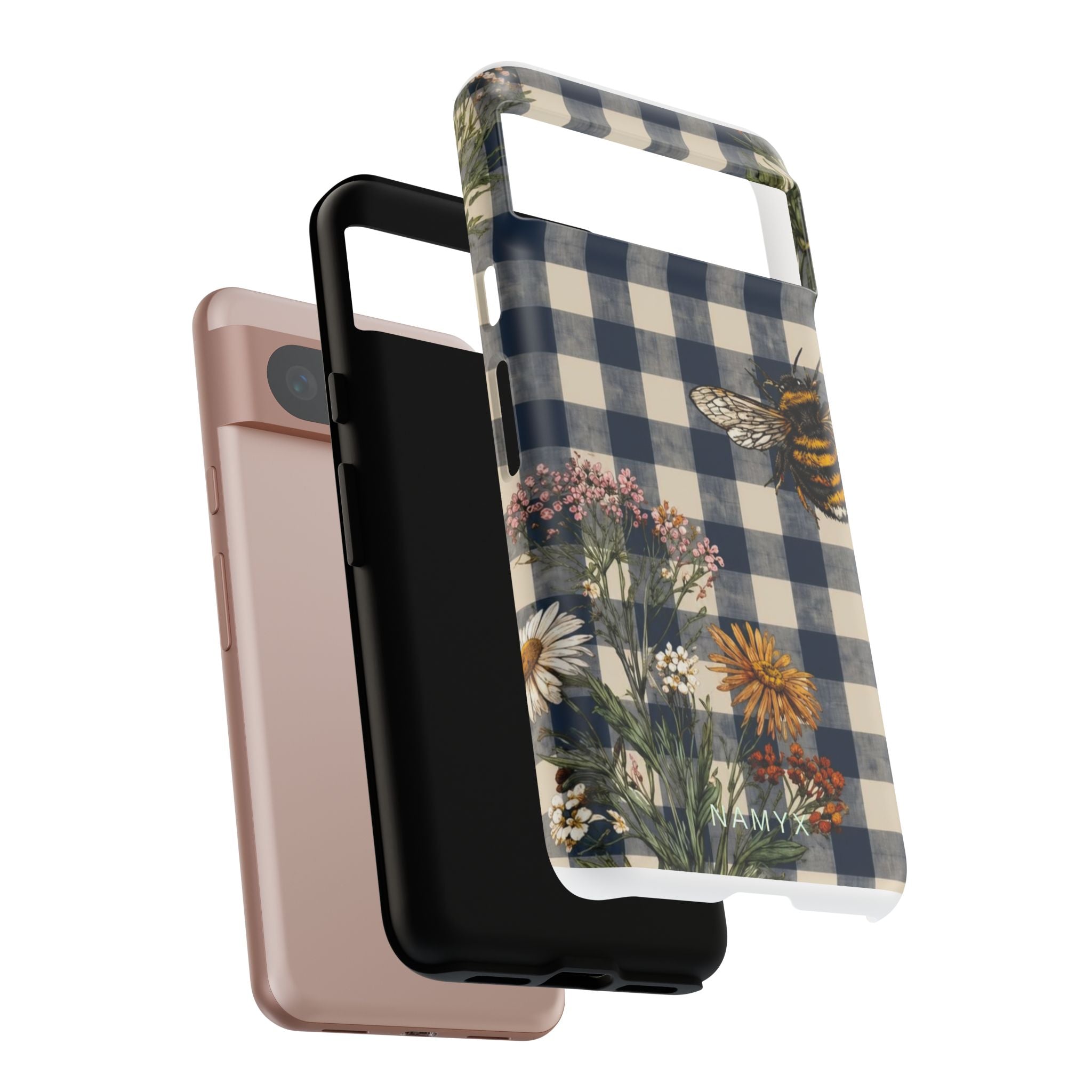 Bee & Wildflower Plaid Phone Case — Navy Buffalo Check Floral iPhone Cover