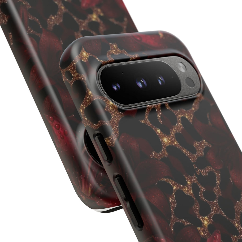 Protective Phone Case — Burgundy Floral & Gold Leopard Print Tough Case