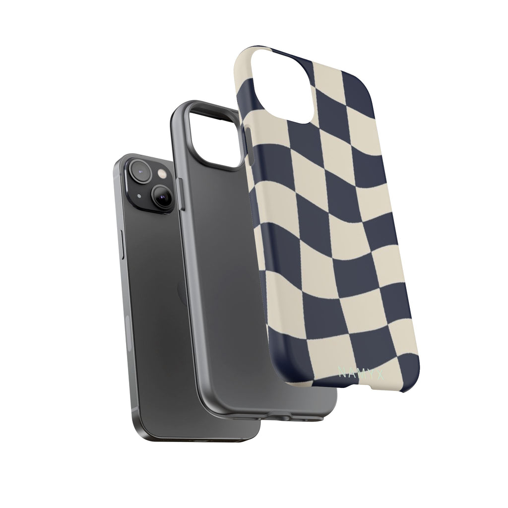 Wavy Checkered Phone Case – Retro Navy Racing Pattern Tough Case