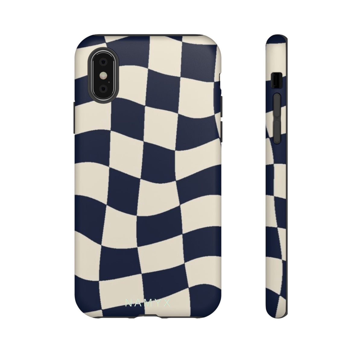 Wavy Checkered Phone Case – Retro Navy Racing Pattern Tough Case