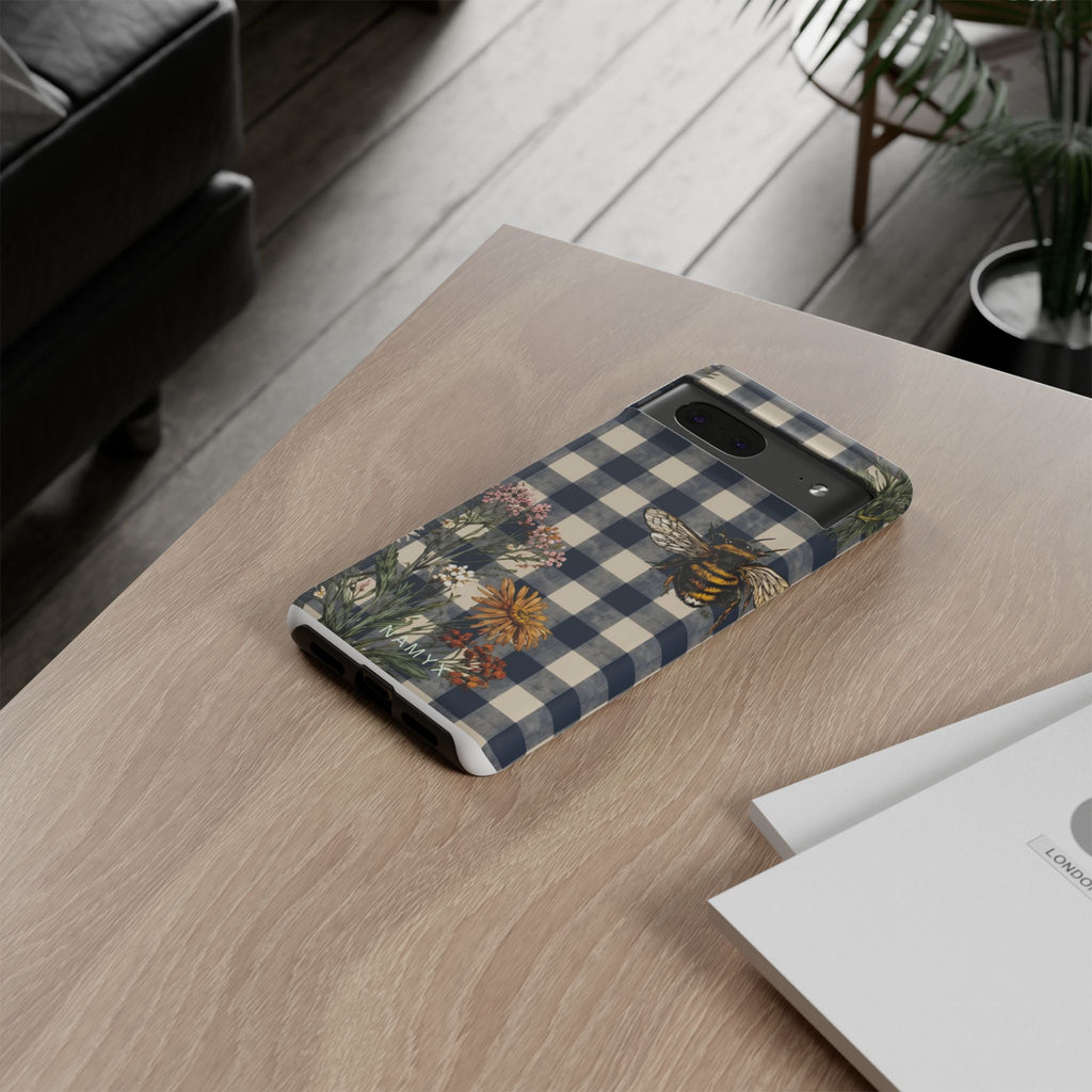 Bee & Wildflower Plaid Phone Case — Navy Buffalo Check Floral iPhone Cover