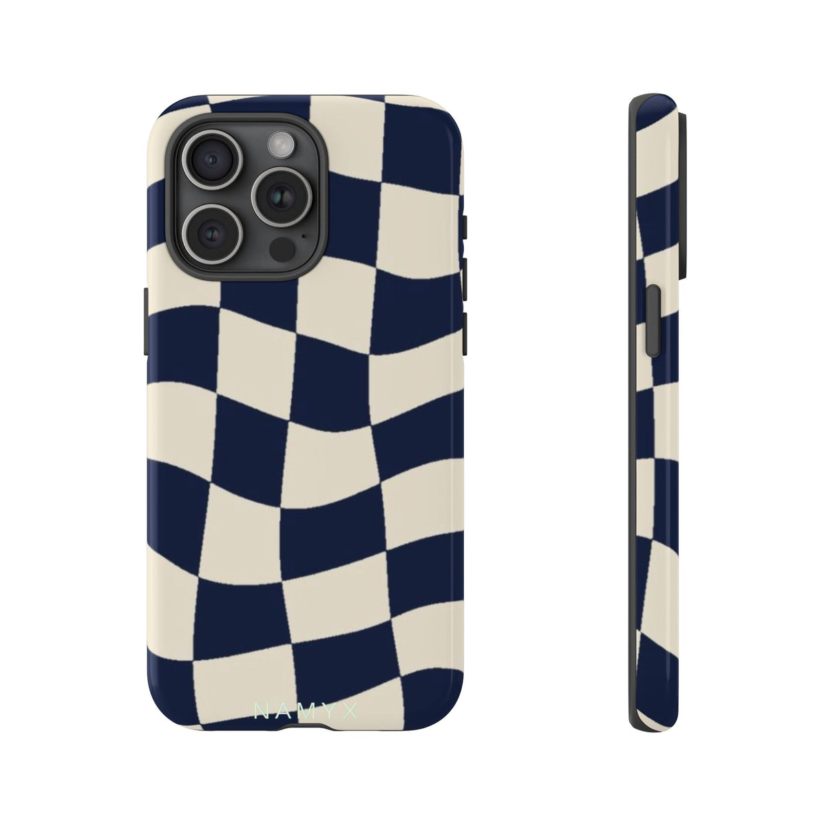 Wavy Checkered Phone Case – Retro Navy Racing Pattern Tough Case