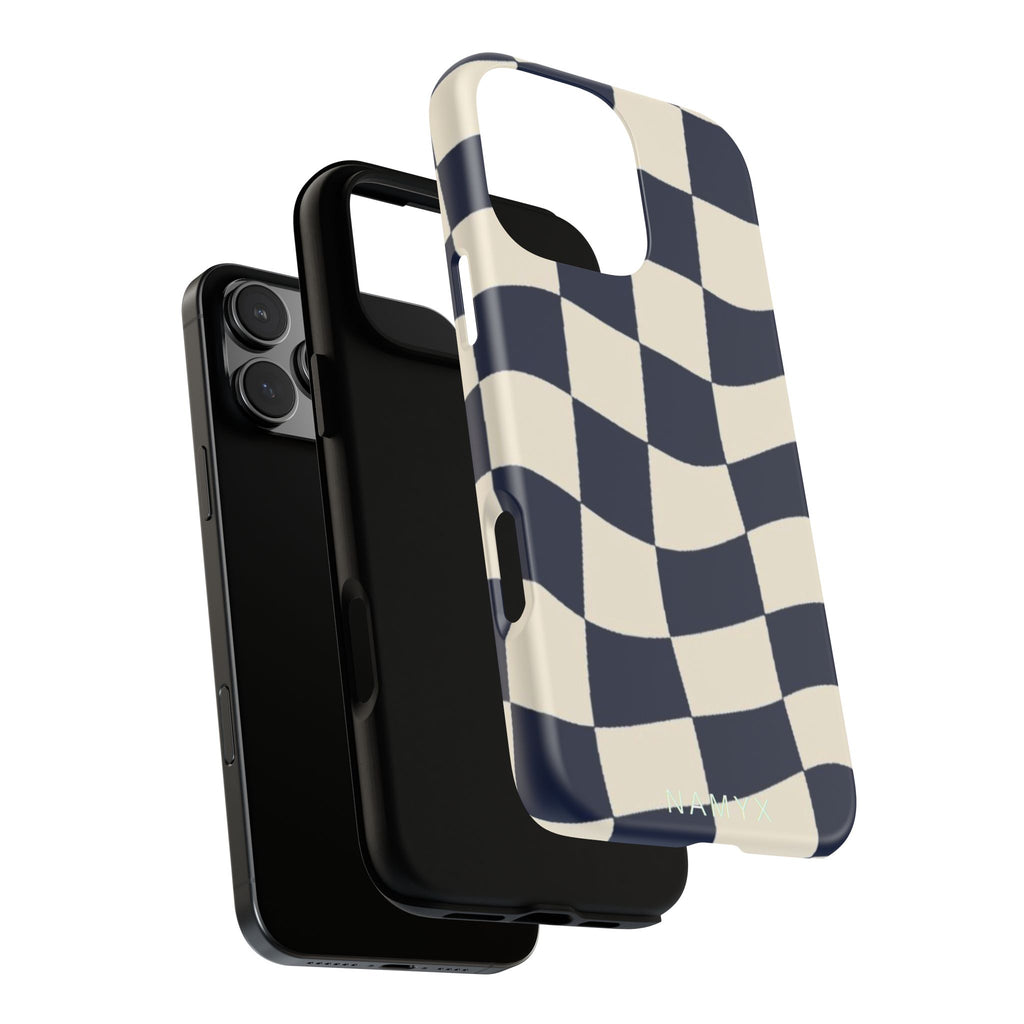 Wavy Checkered Phone Case – Retro Navy Racing Pattern Tough Case