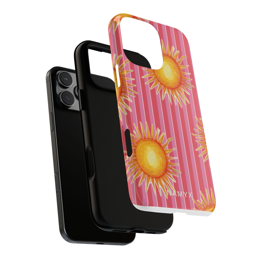 Sunburst Stripe Tough Phone Case — Bright Yellow Sun Pattern on Pink