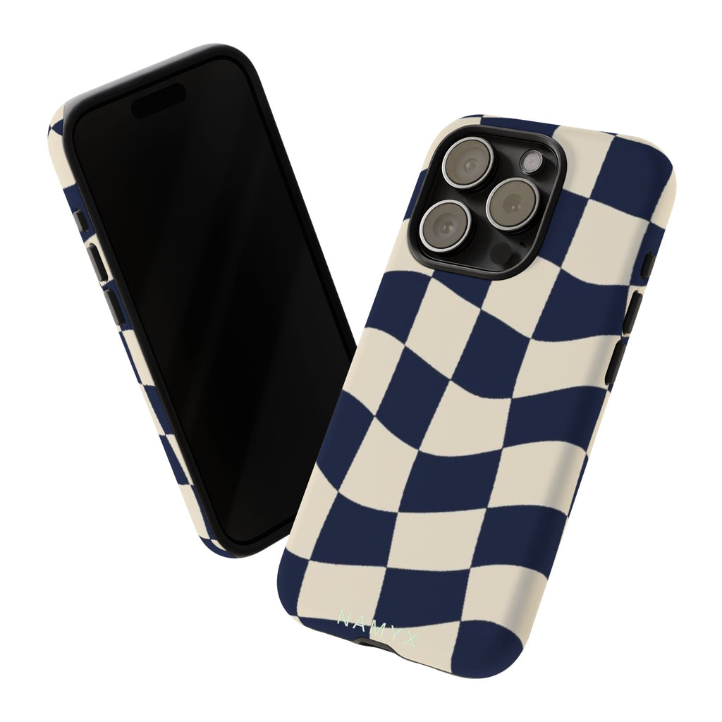 Wavy Checkered Phone Case – Retro Navy Racing Pattern Tough Case