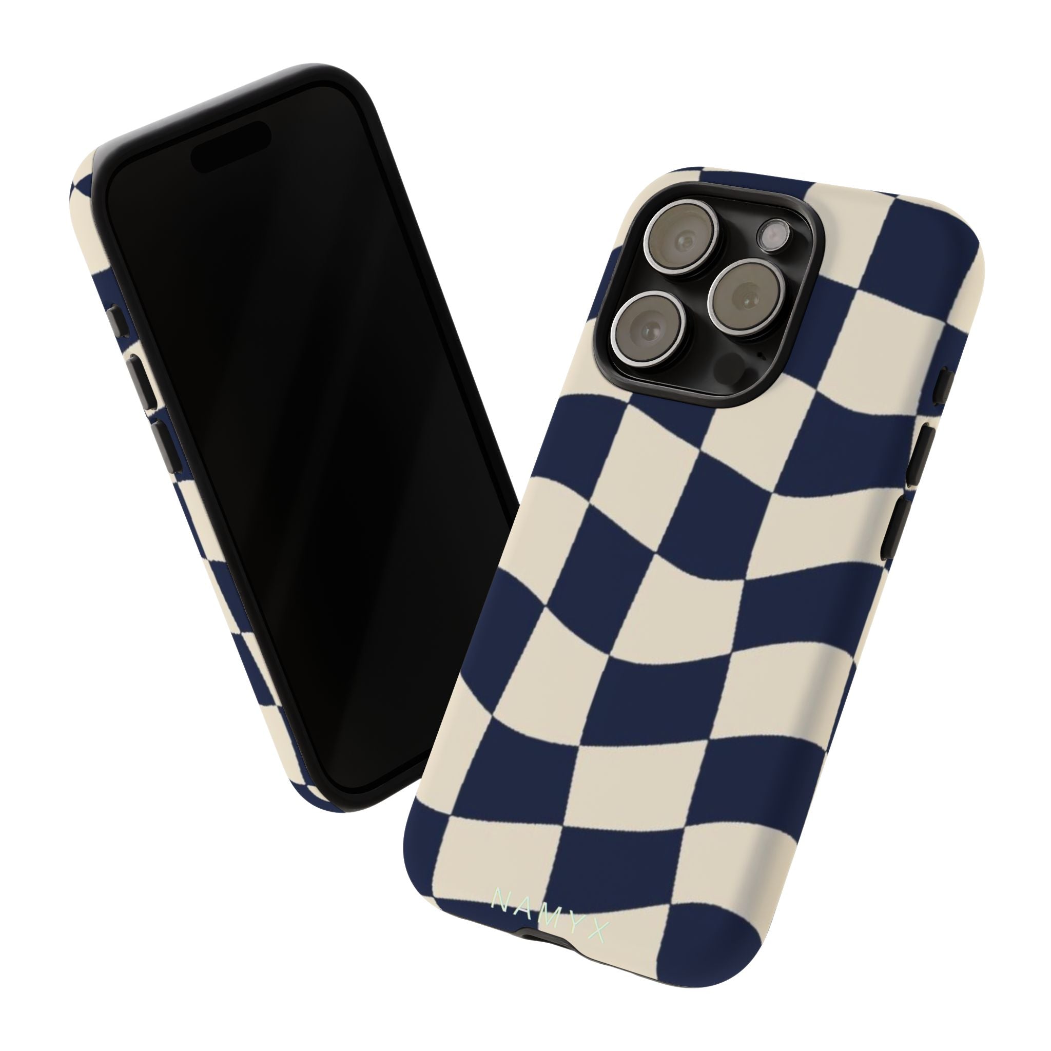 Wavy Checkered Phone Case – Retro Navy Racing Pattern Tough Case