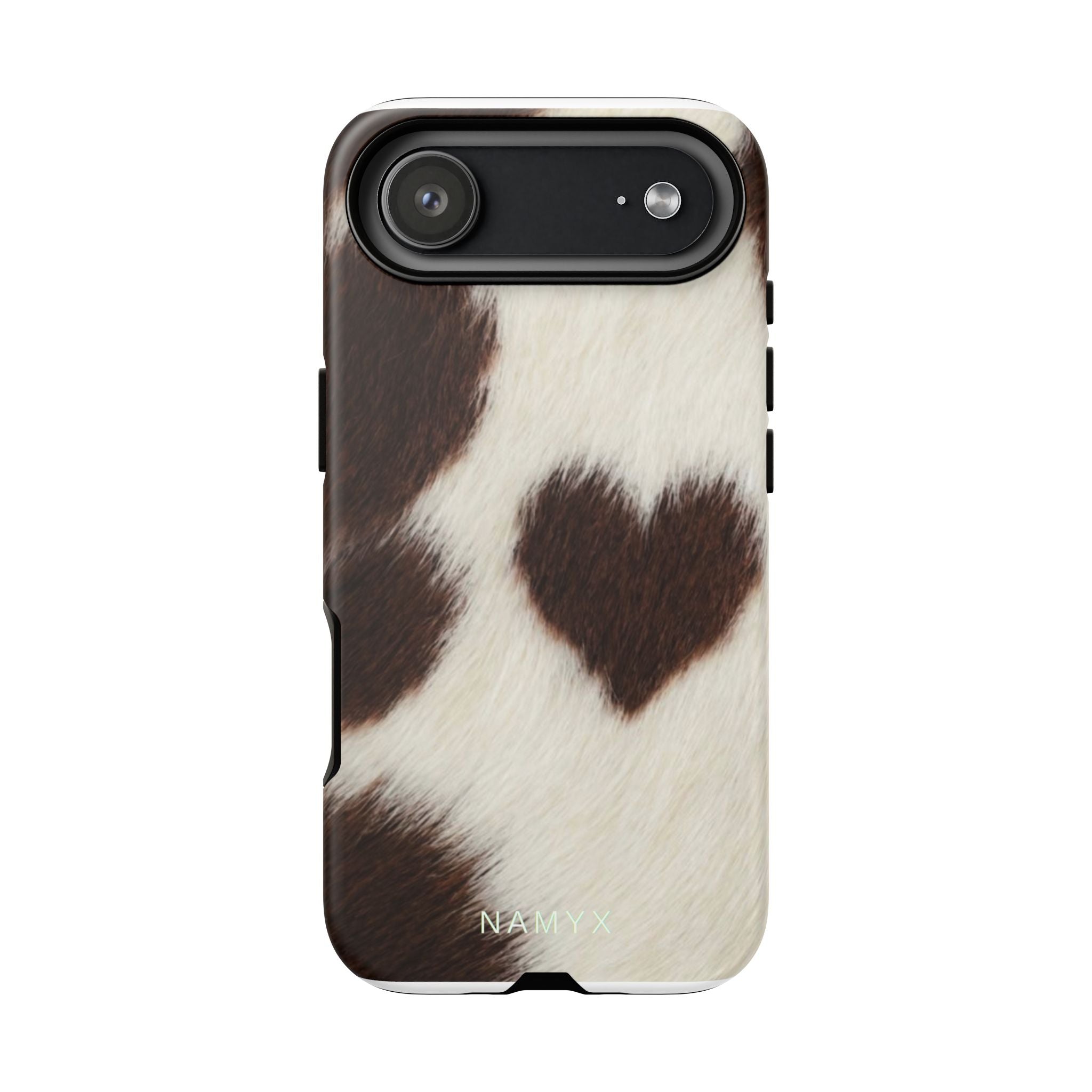 Cowhide Heart Phone Case — Cute Cow Print Protective iPhone Cover