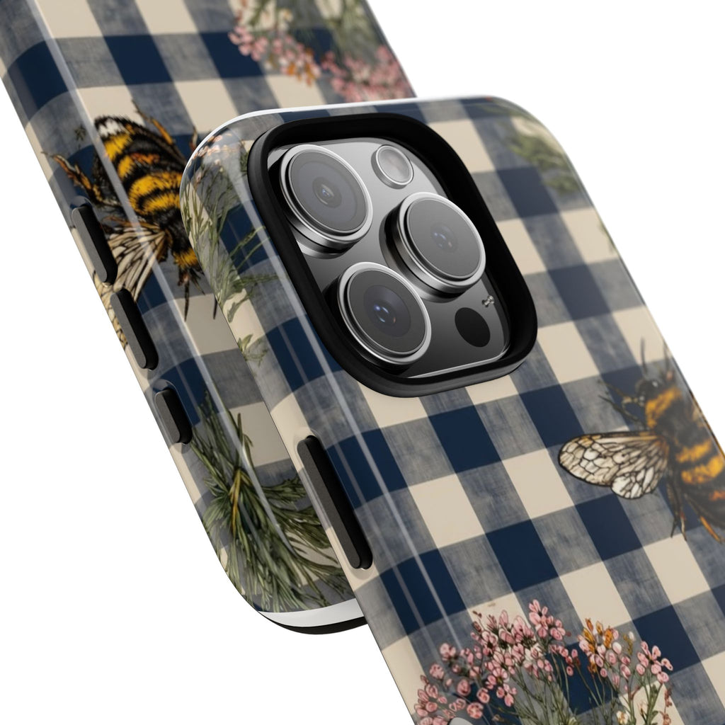 Bee & Wildflower Plaid Phone Case — Navy Buffalo Check Floral iPhone Cover