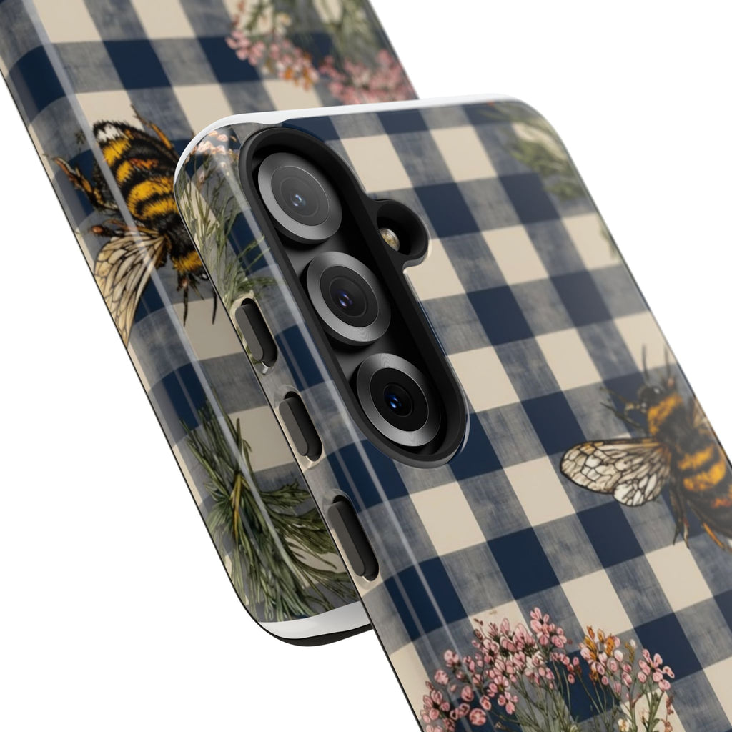 Bee & Wildflower Plaid Phone Case — Navy Buffalo Check Floral iPhone Cover