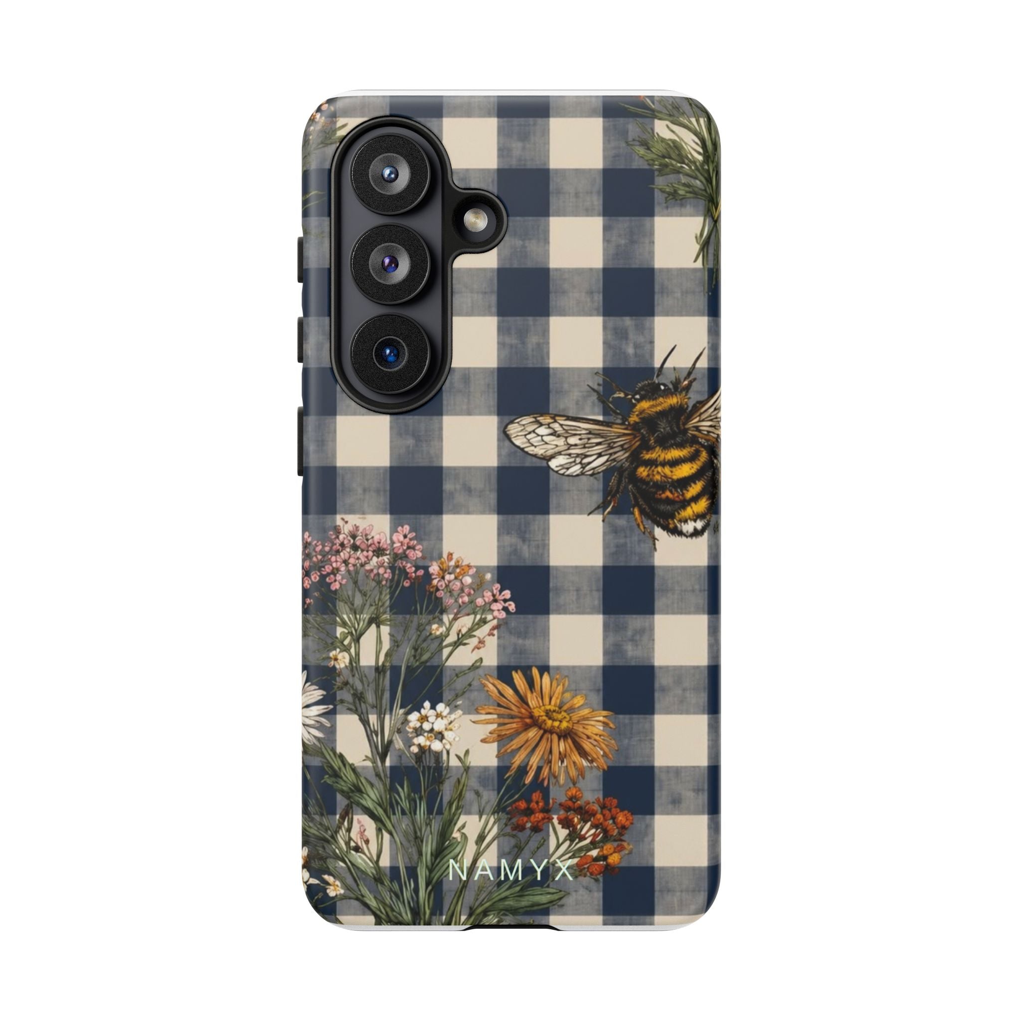 Bee & Wildflower Plaid Phone Case — Navy Buffalo Check Floral iPhone Cover