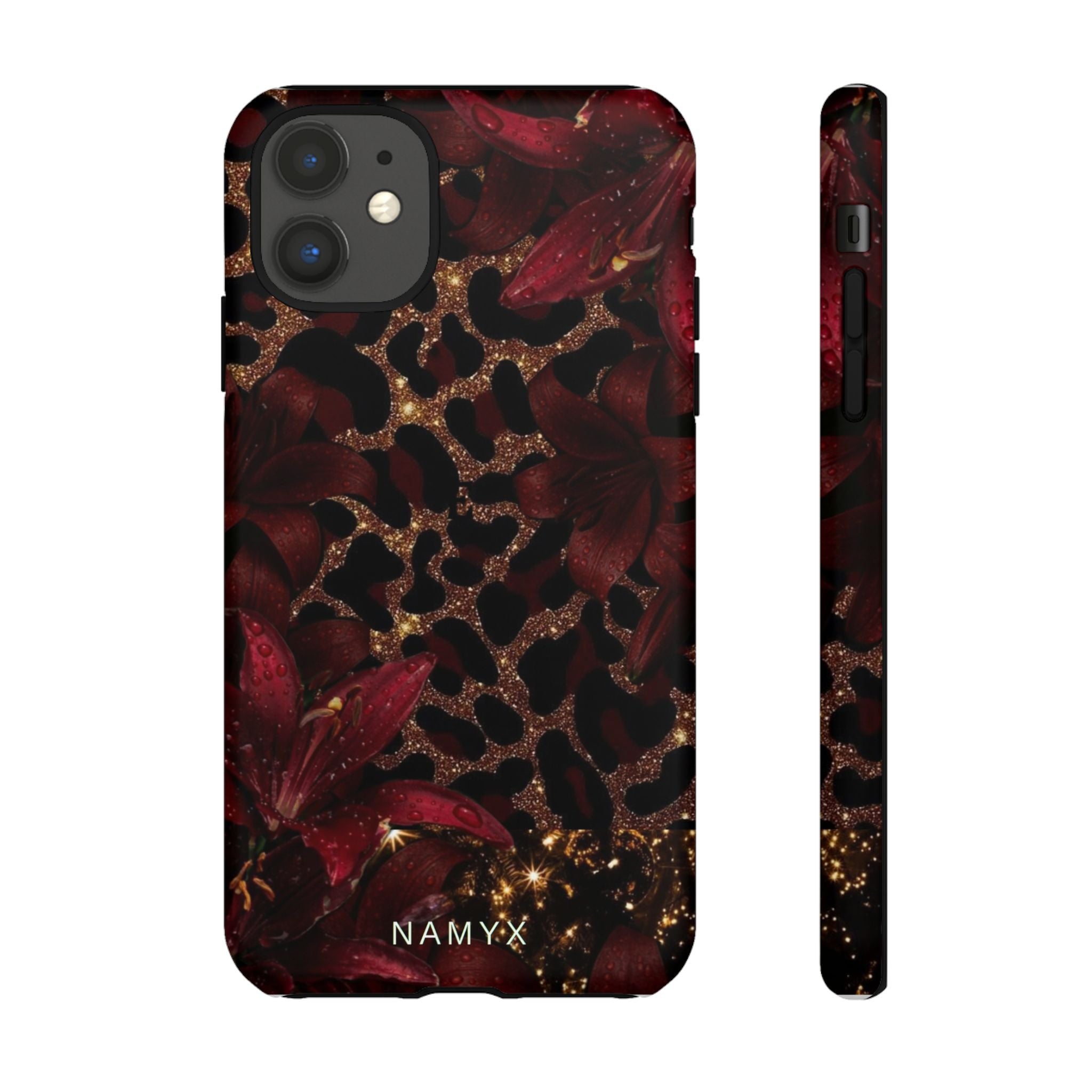 Protective Phone Case — Burgundy Floral & Gold Leopard Print Tough Case