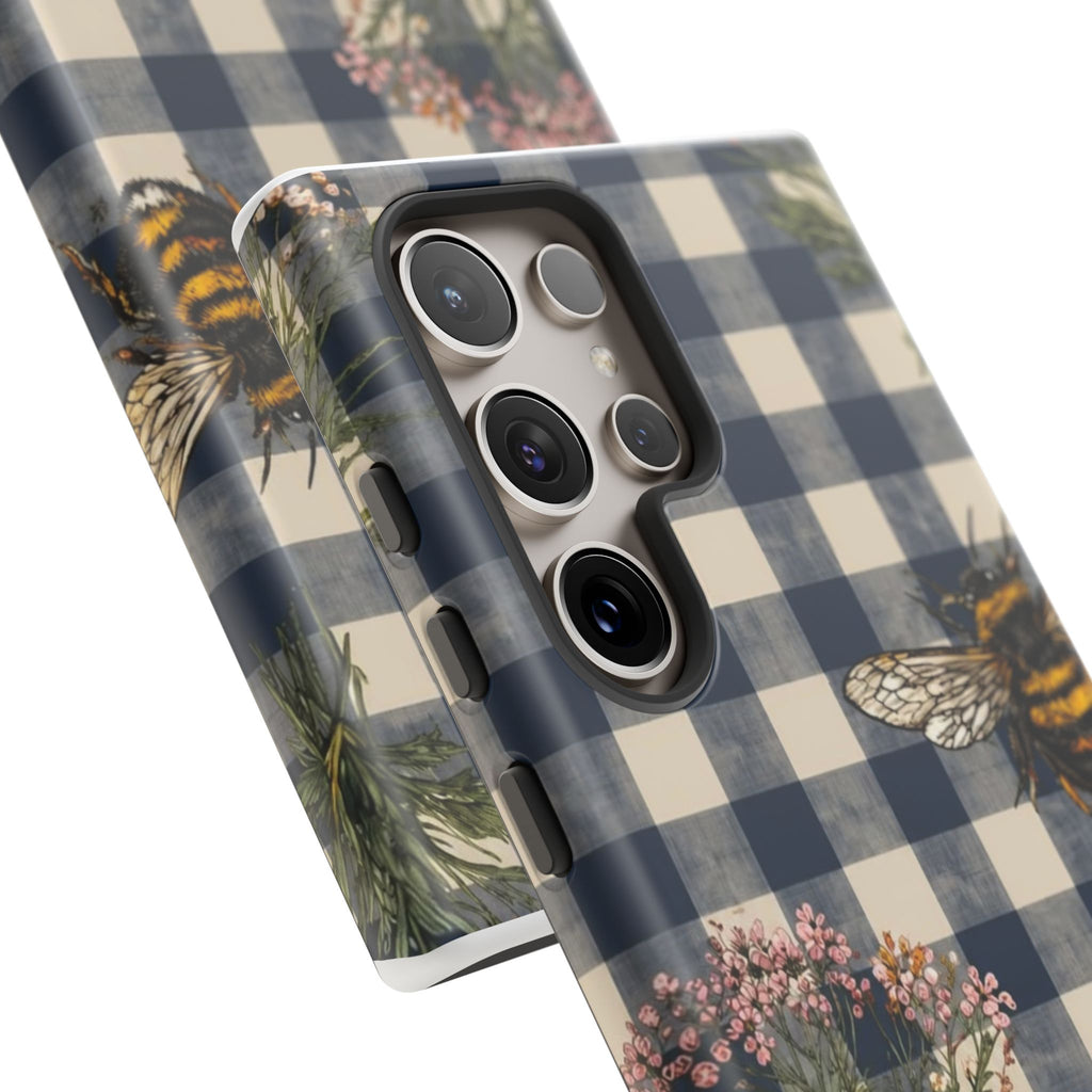 Bee & Wildflower Plaid Phone Case — Navy Buffalo Check Floral iPhone Cover