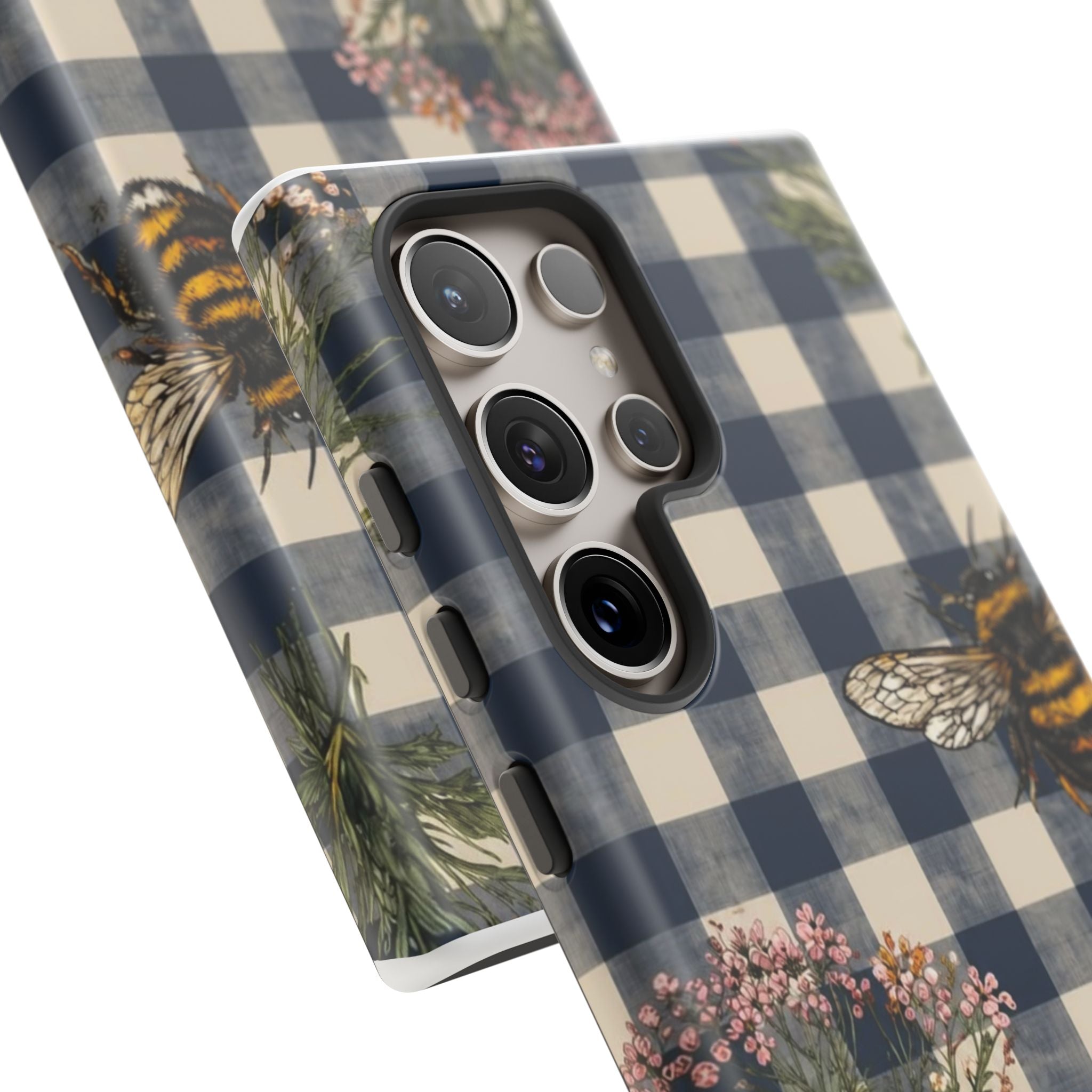 Bee & Wildflower Plaid Phone Case — Navy Buffalo Check Floral iPhone Cover