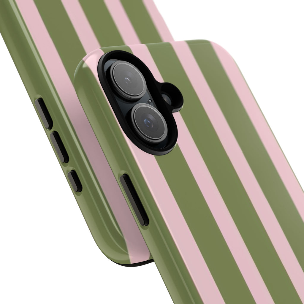Striped Olive & Blush Tough Phone Case — Durable Protective Phone Cover