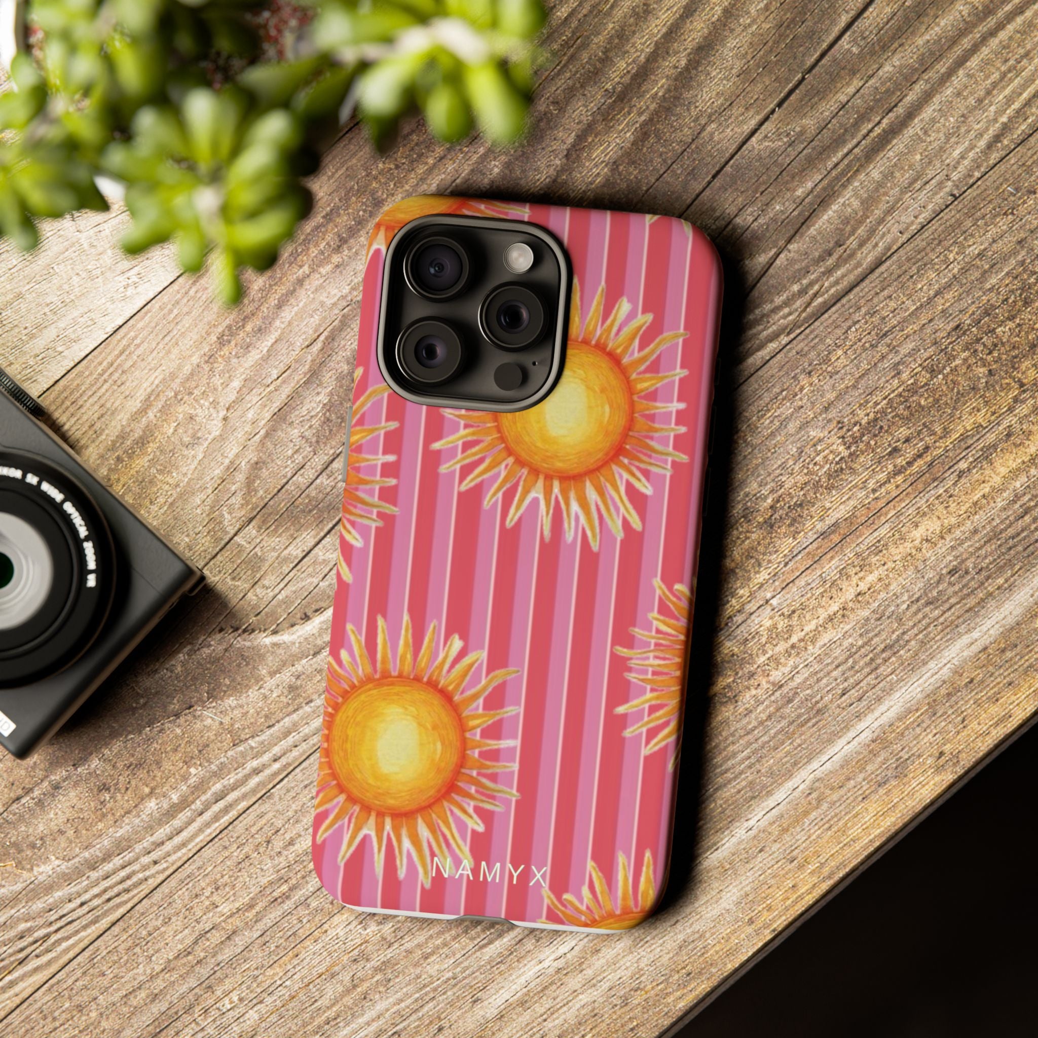 Sunburst Stripe Tough Phone Case — Bright Yellow Sun Pattern on Pink