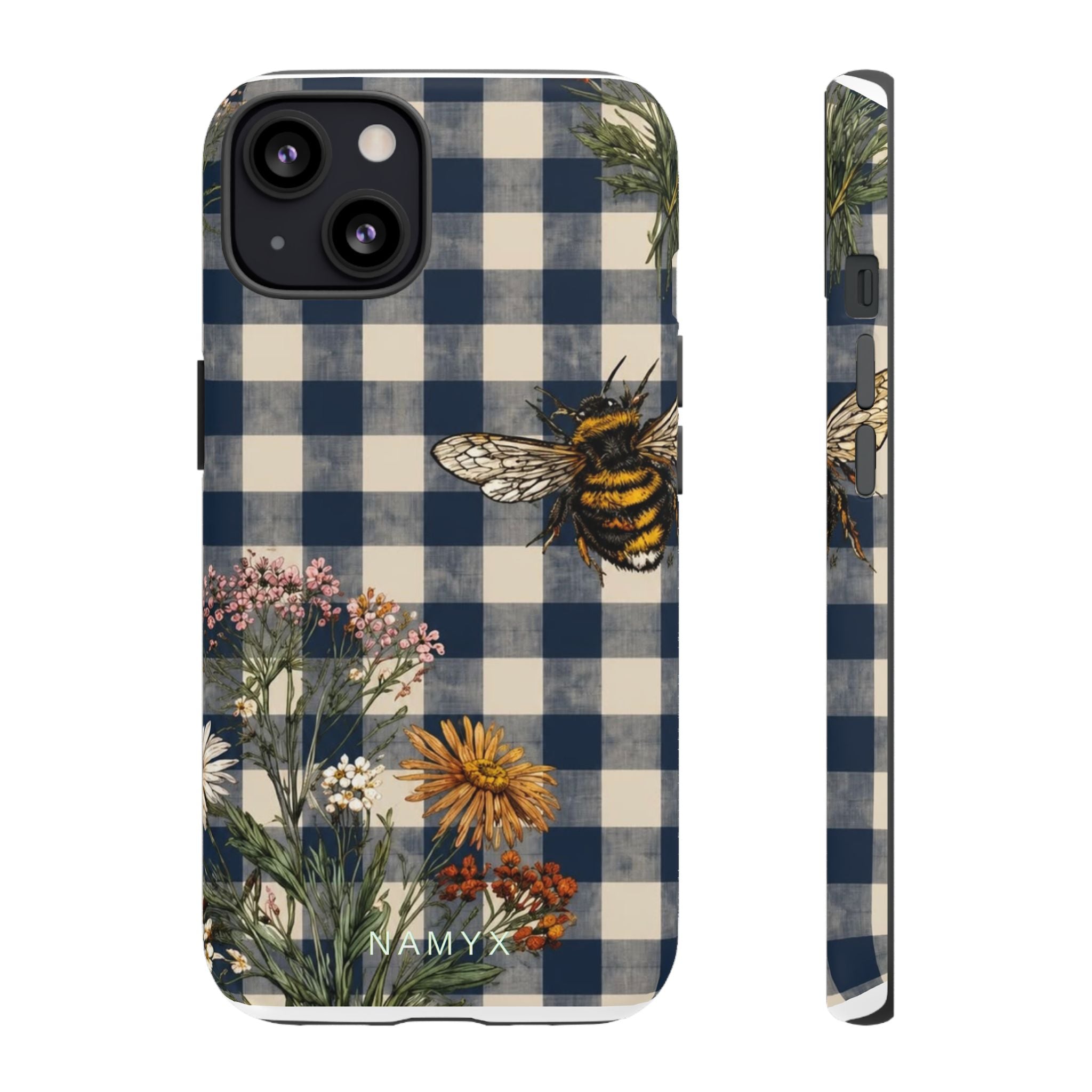 Bee & Wildflower Plaid Phone Case — Navy Buffalo Check Floral iPhone Cover