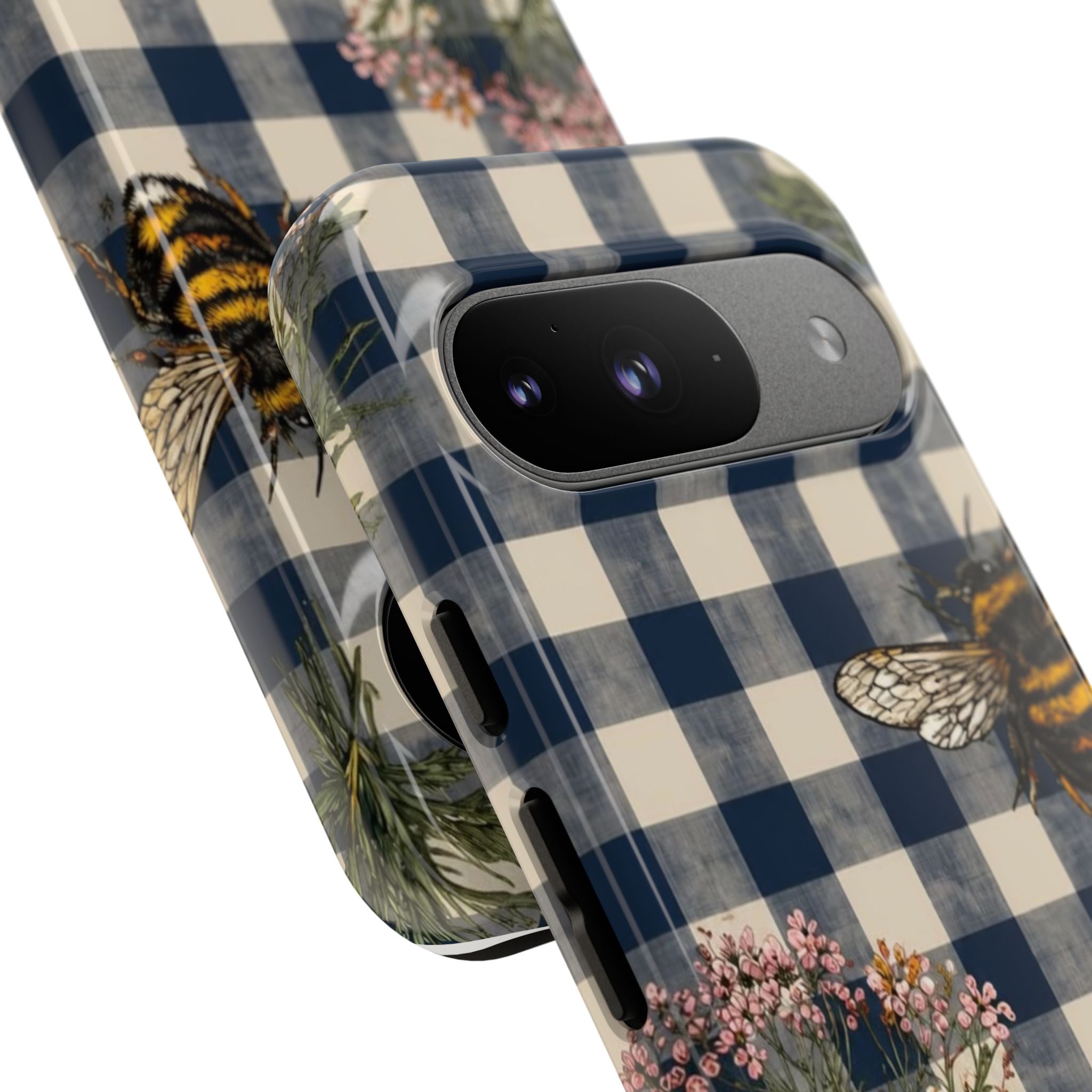 Bee & Wildflower Plaid Phone Case — Navy Buffalo Check Floral iPhone Cover